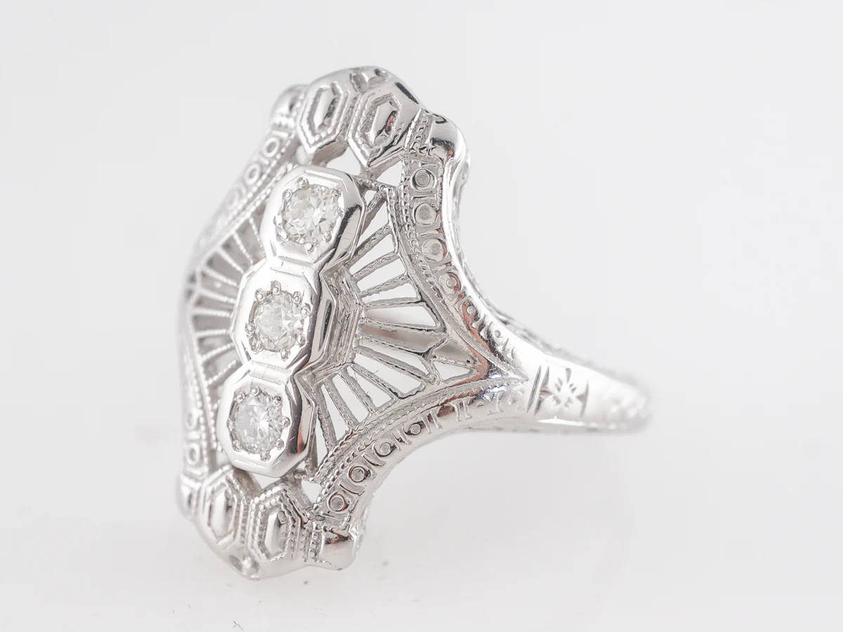 Art Deco Filigree Three Stone Diamond Ring in 18K - Image 2