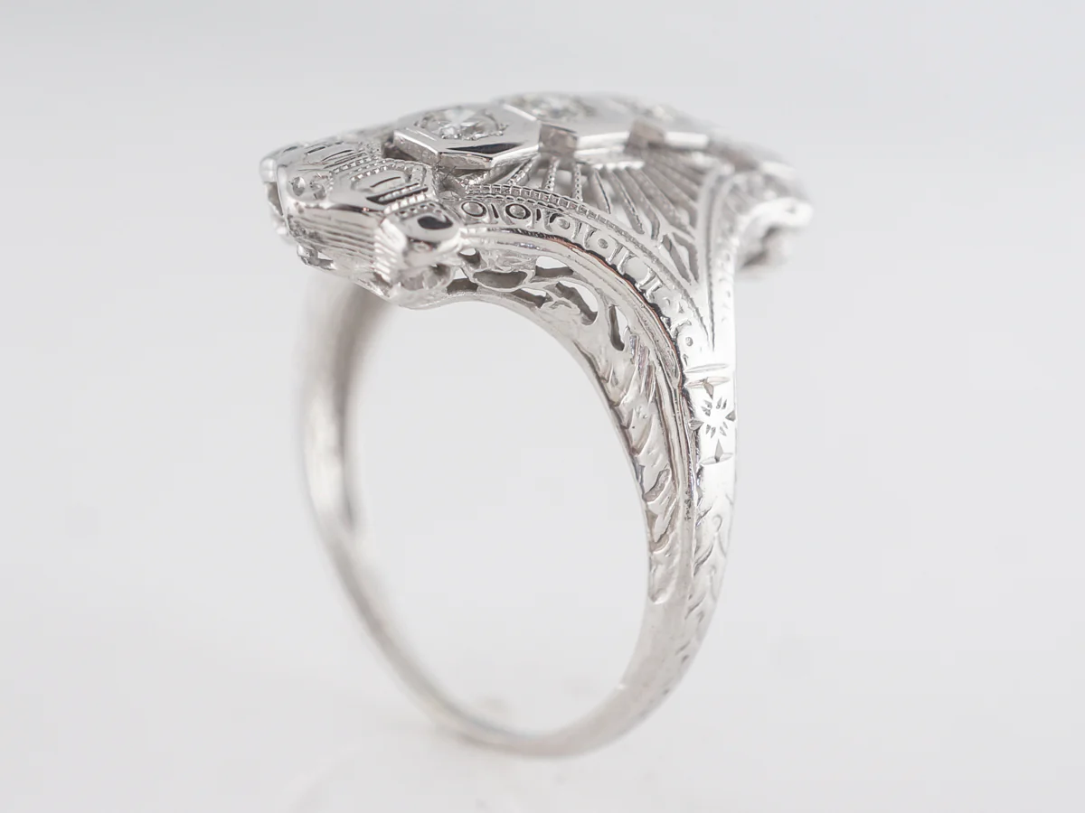 Art Deco Filigree Three Stone Diamond Ring in 18K - Image 4