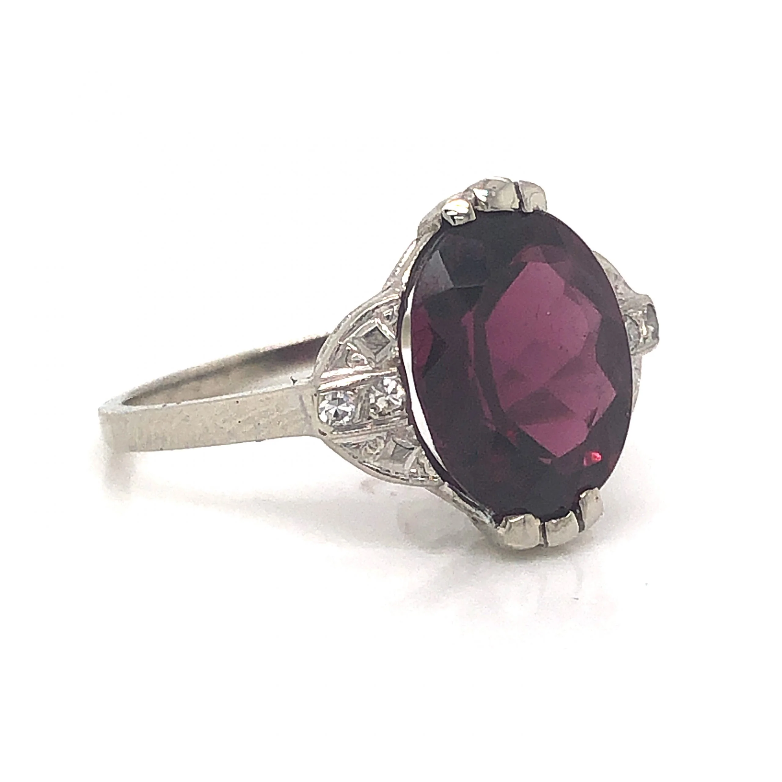 Art Deco Garnet Cocktail Ring w/ Diamonds in 14k White Gold - Image 3