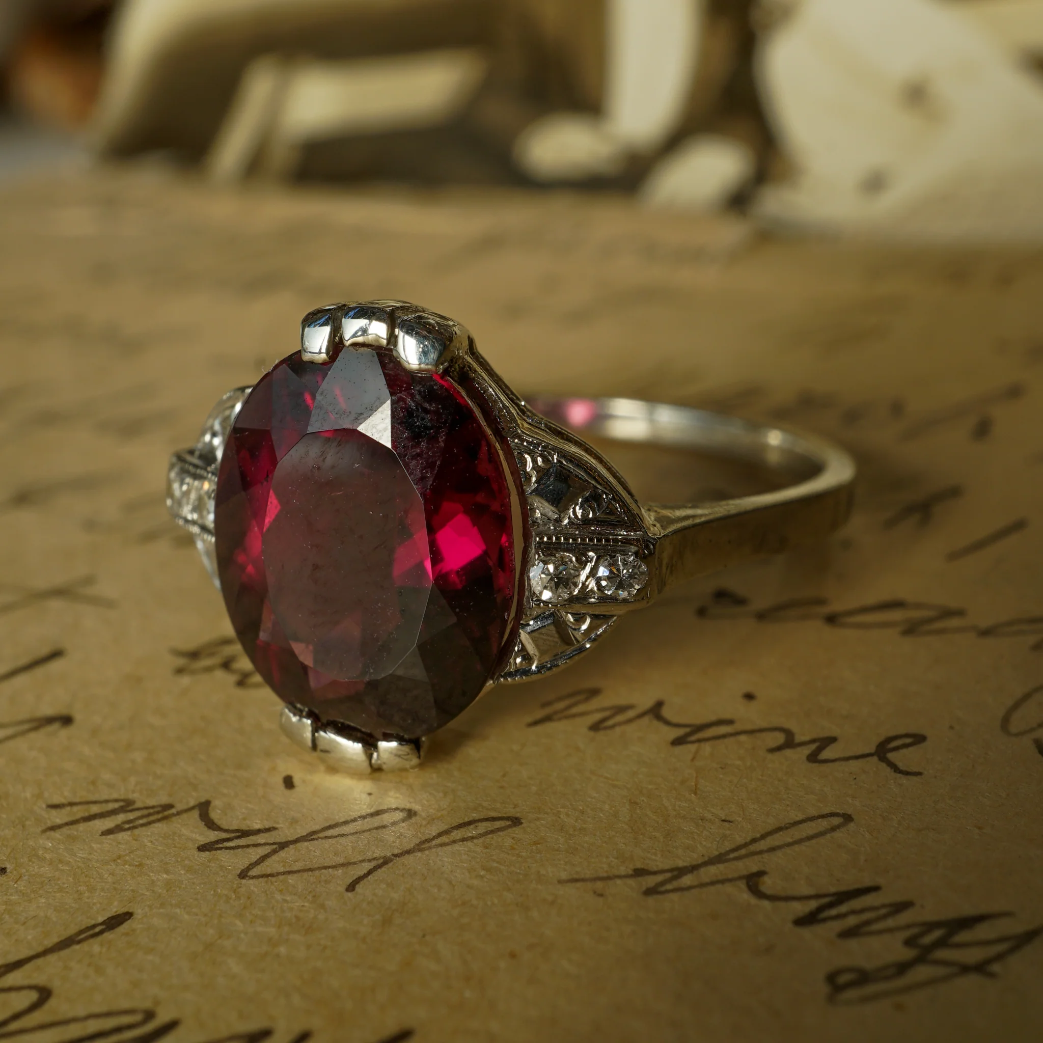 Art Deco Garnet Cocktail Ring w/ Diamonds in 14k White Gold - Image 5