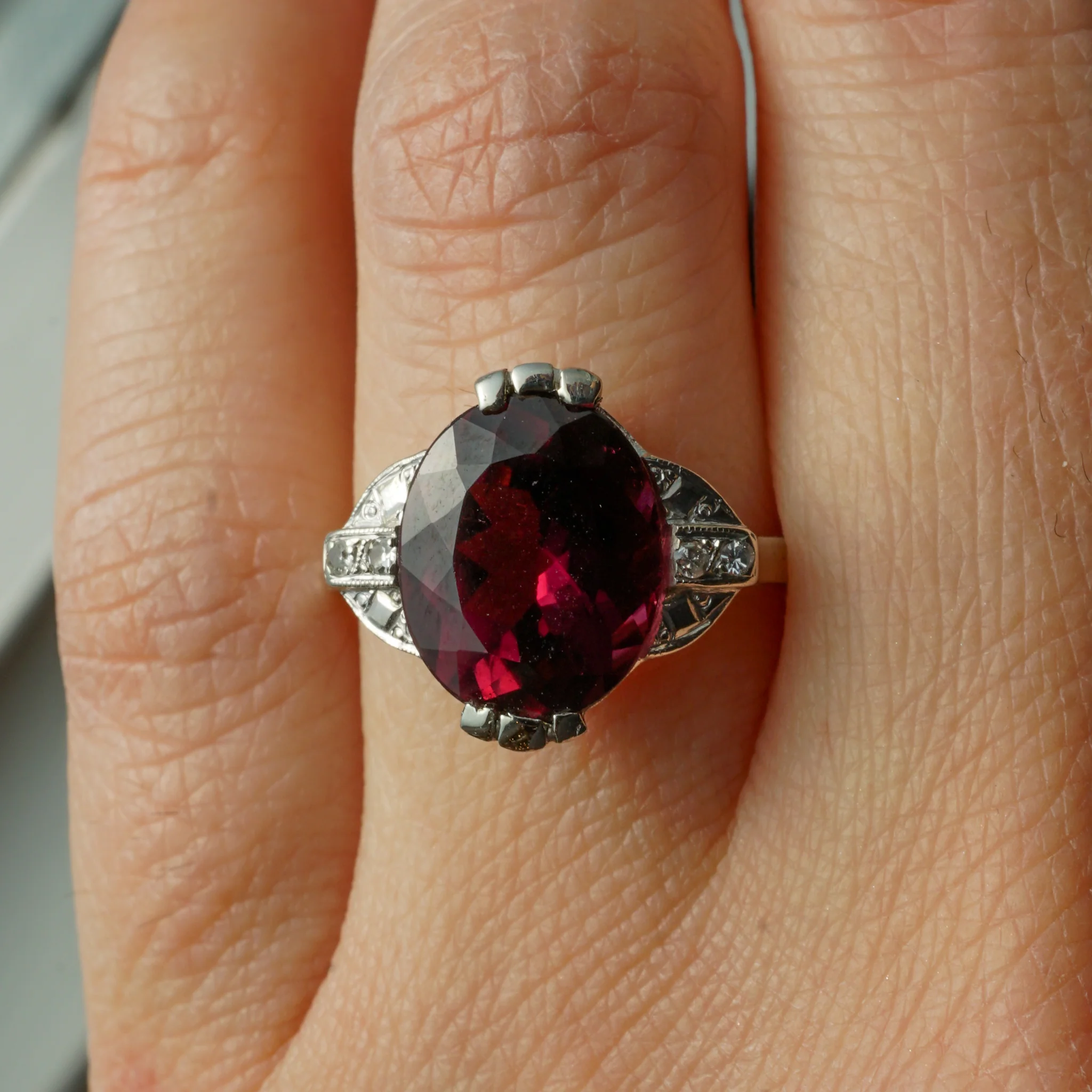 Art Deco Garnet Cocktail Ring w/ Diamonds in 14k White Gold - Image 6