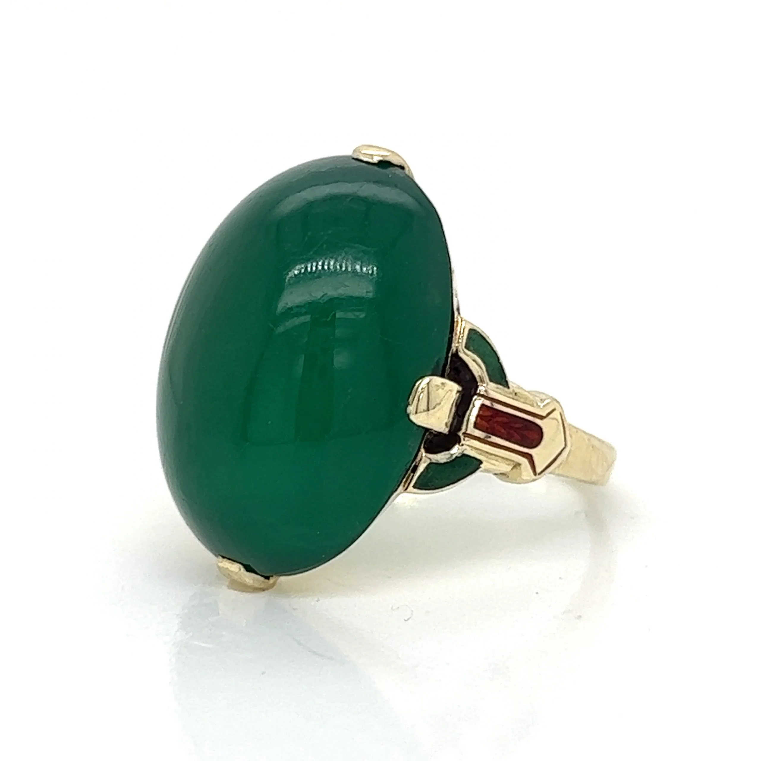Art Deco Green Onyx & Enamel Ring in 14k Yellow Gold - Image 3