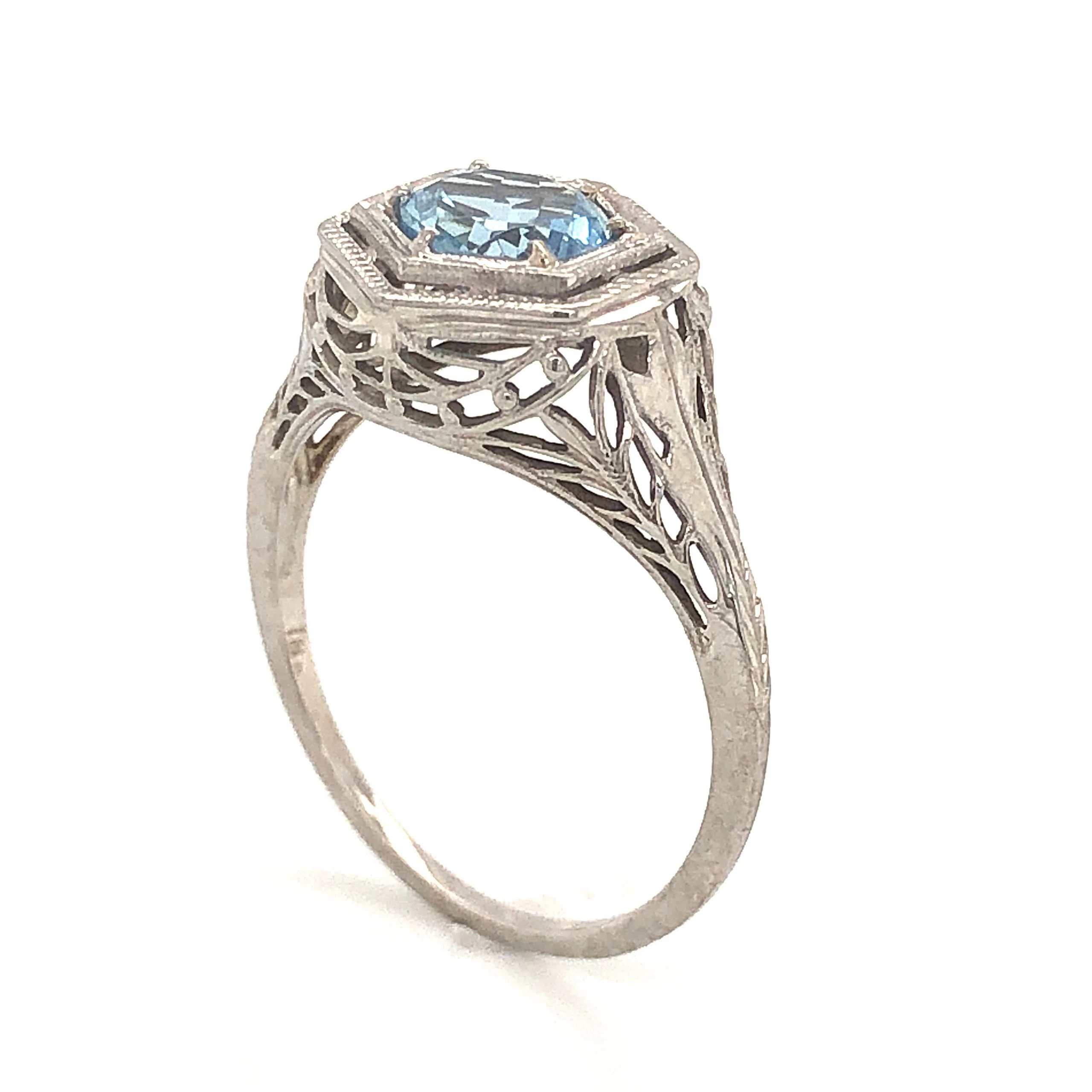 Art Deco Hexagonal Aquamarine Ring in 18K White Gold - Image 5