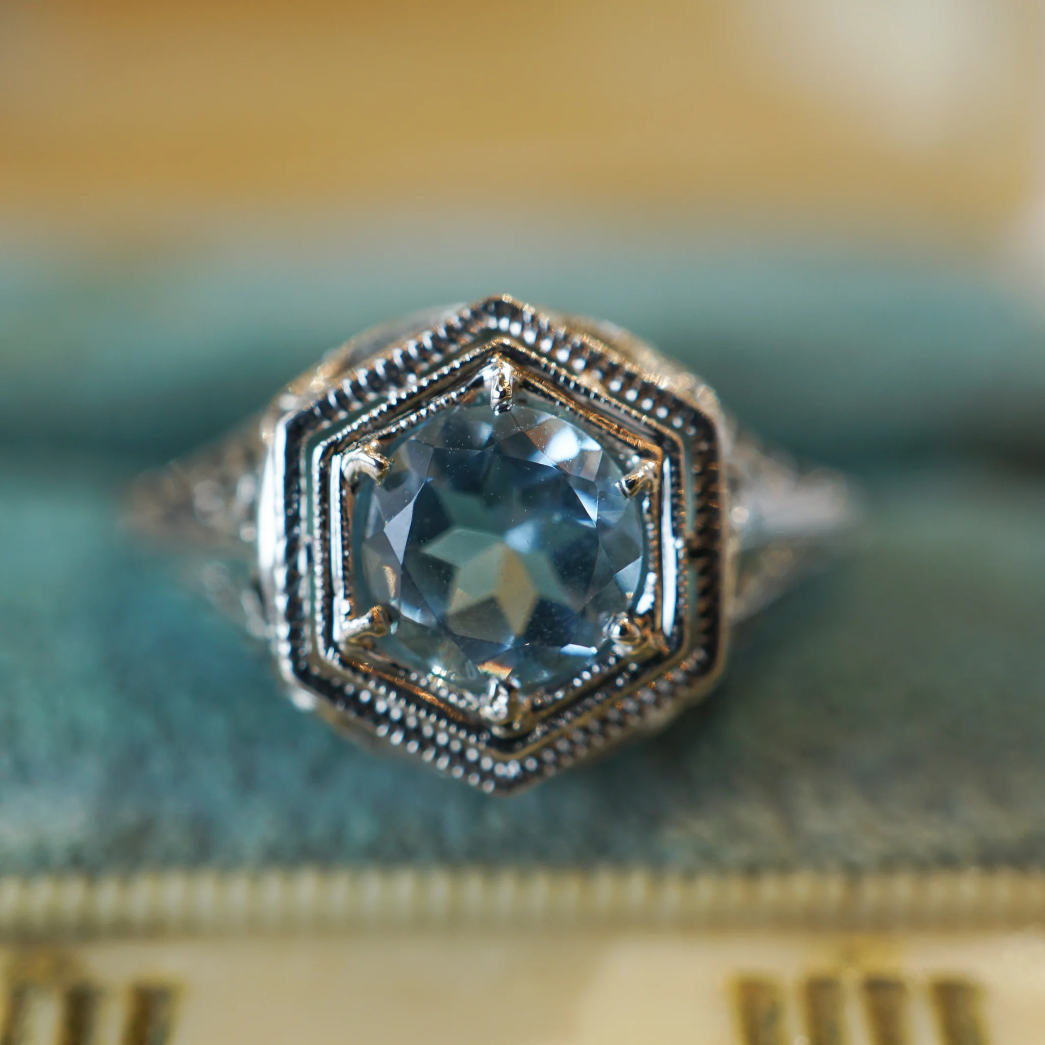 Art Deco Hexagonal Aquamarine Ring in 18K White Gold - Image 6