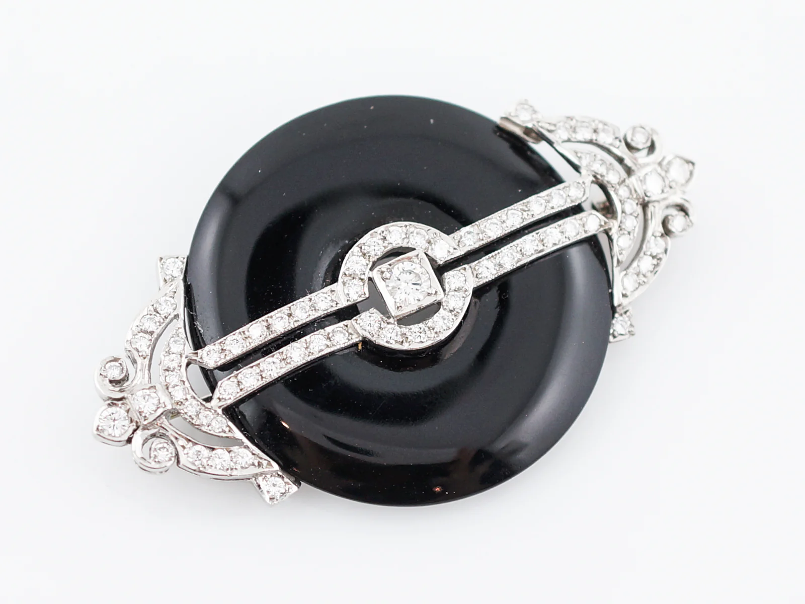***RTV***Art Deco Inspired Brooch Modern Onyx & Diamond in 18k White Gold - Image 2