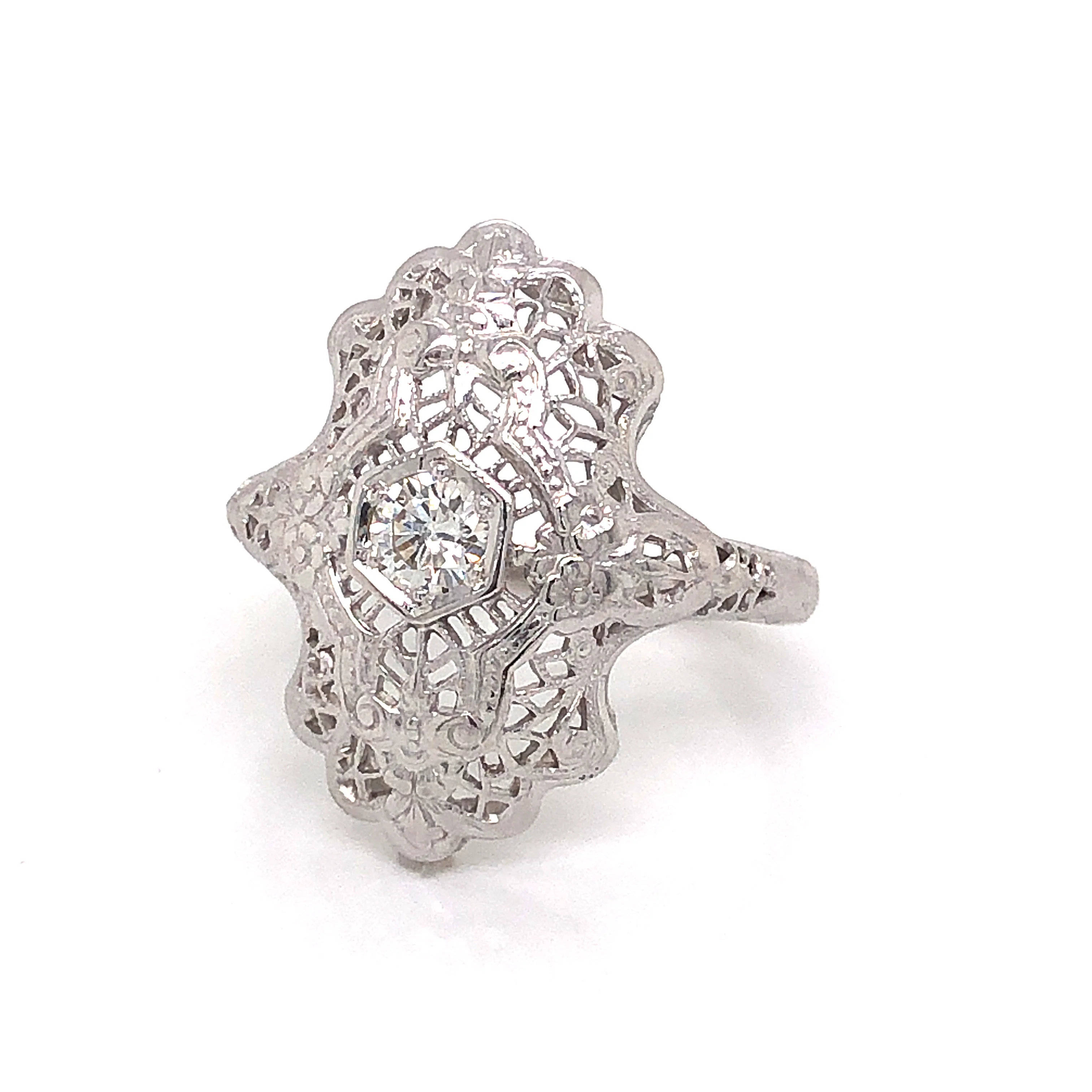 Art Deco Inspired Diamond Filigree Cocktail Ring in 14k White Gold - Image 2