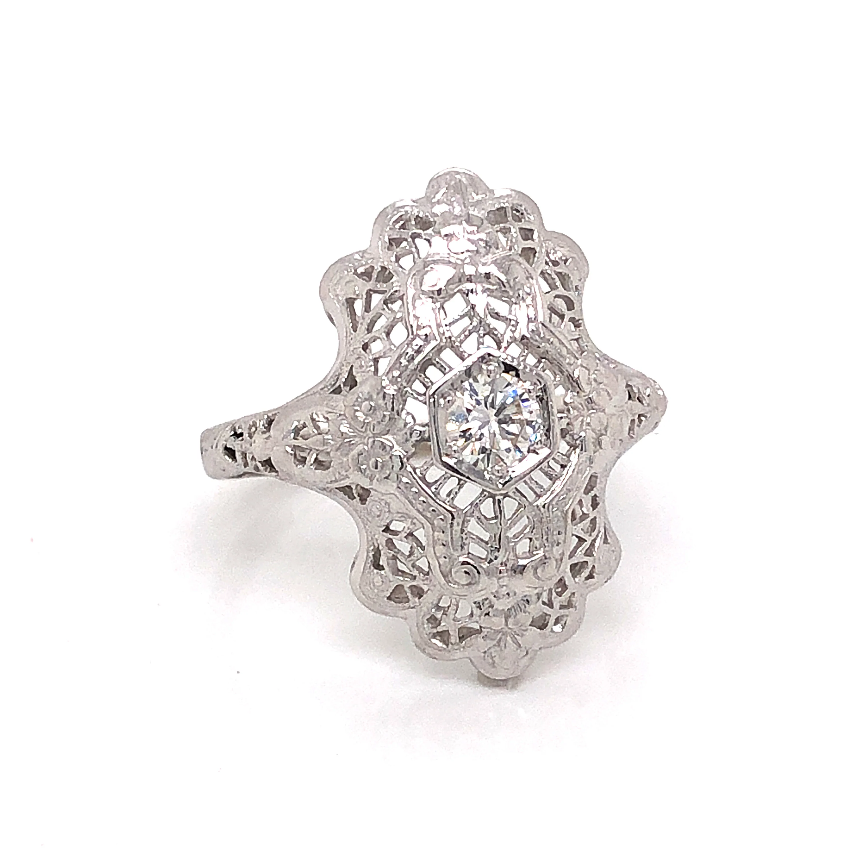 Art Deco Inspired Diamond Filigree Cocktail Ring in 14k White Gold - Image 3