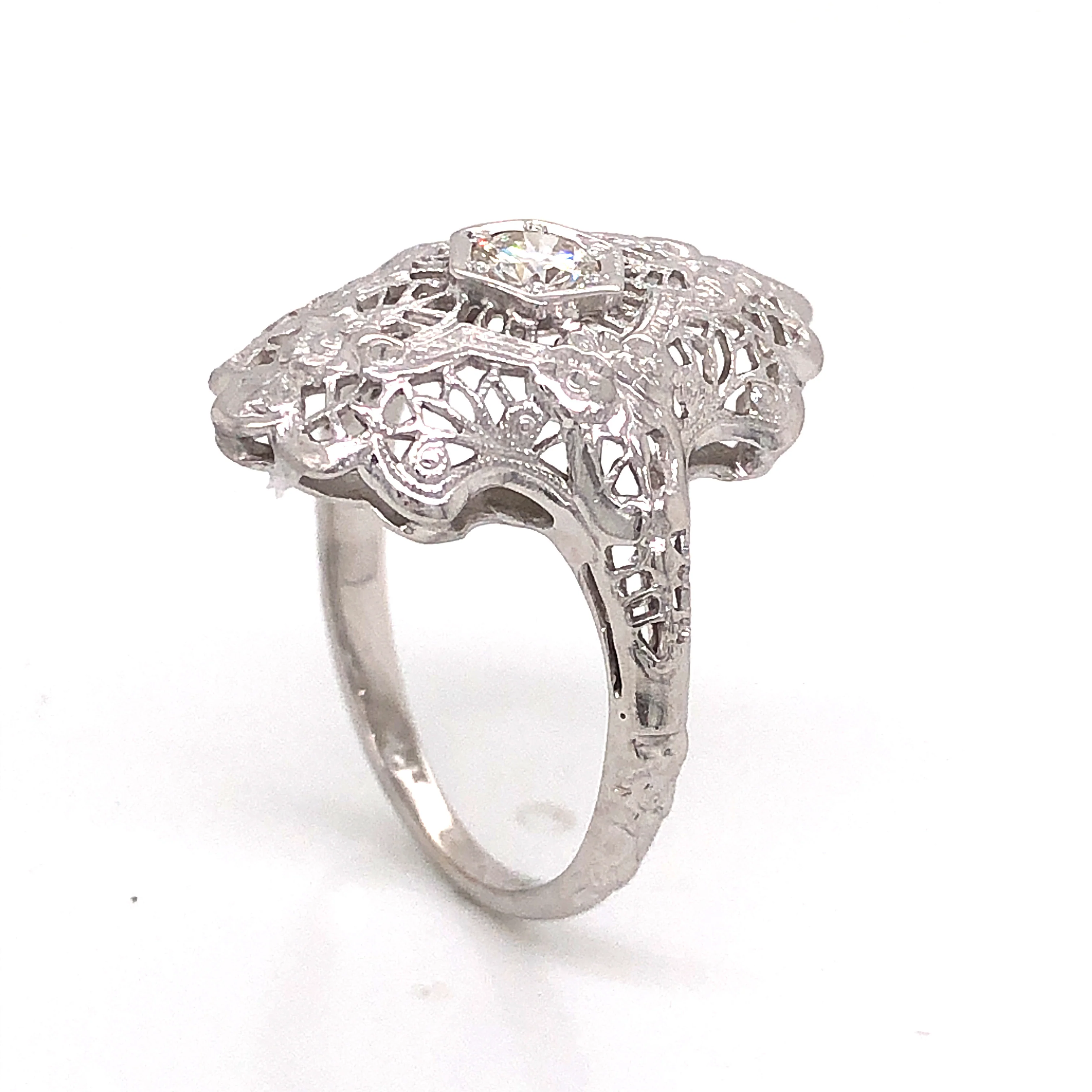 Art Deco Inspired Diamond Filigree Cocktail Ring in 14k White Gold - Image 4