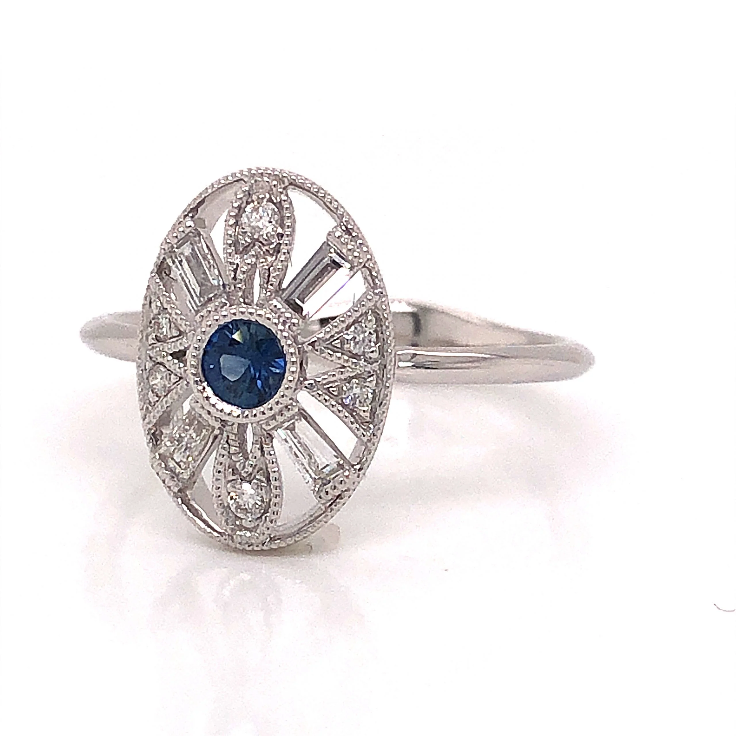 Art Deco Inspired Sapphire & Diamond Ring in 18k White Gold - Image 2