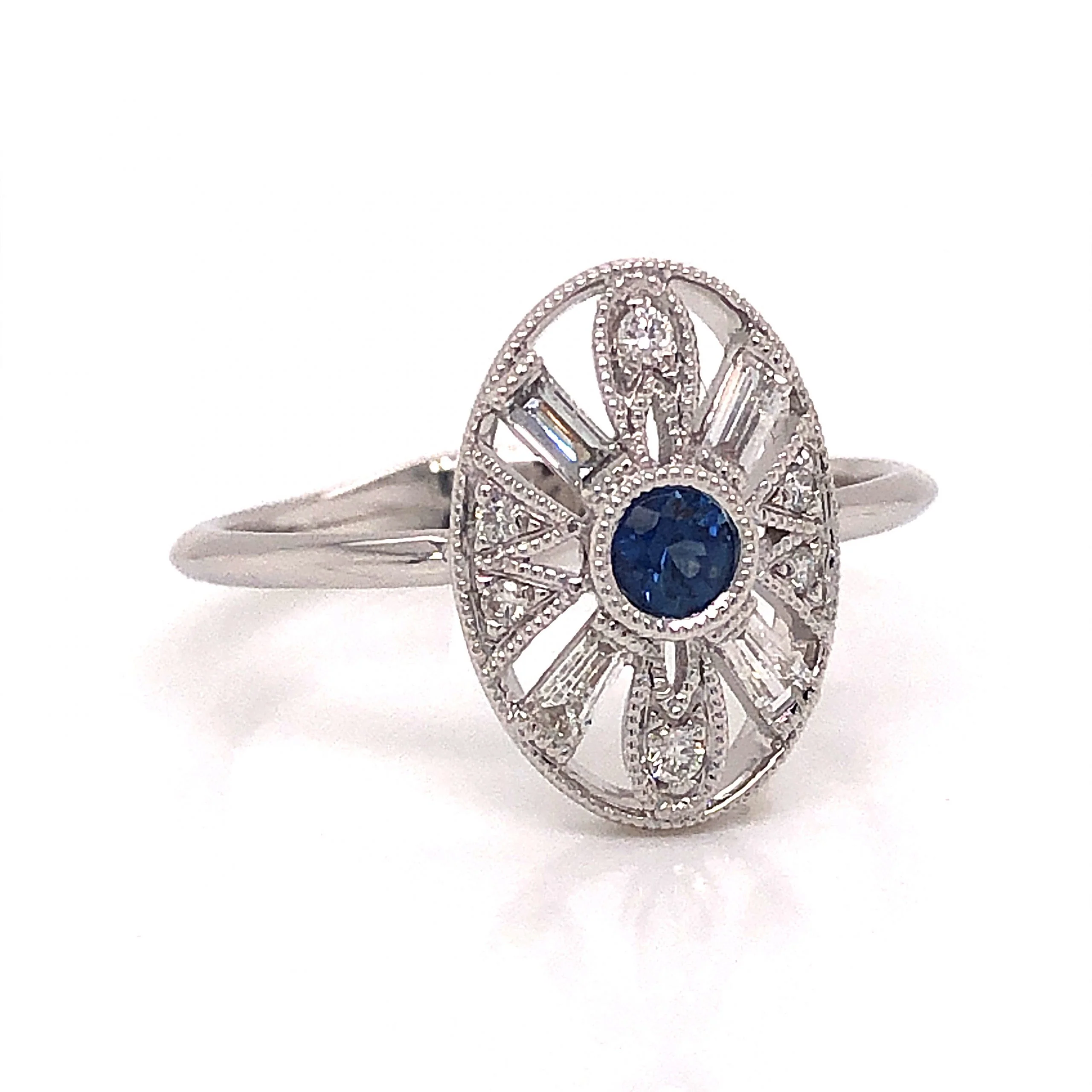 Art Deco Inspired Sapphire & Diamond Ring in 18k White Gold - Image 3
