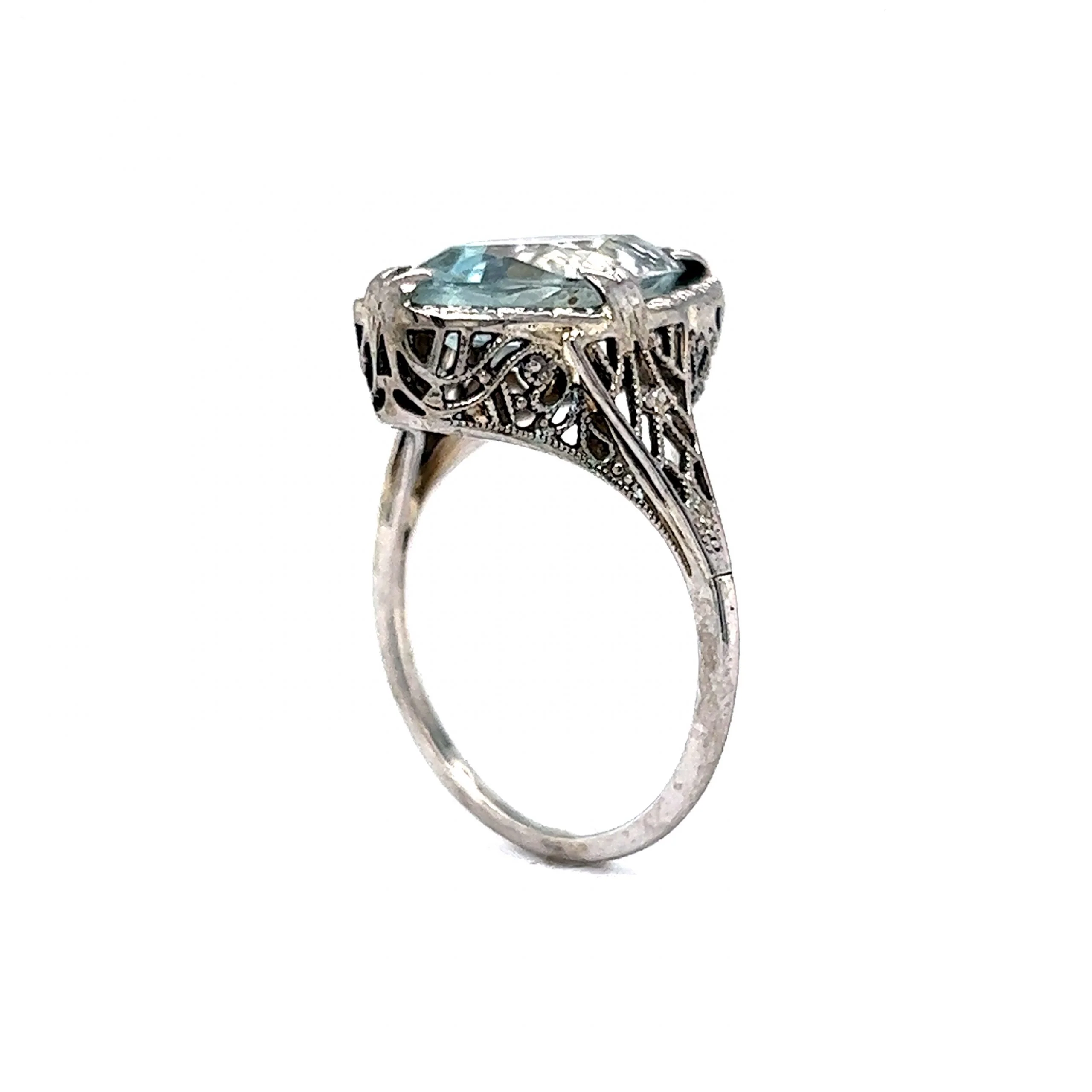 Art Deco Marquise Cut Aquamarine Ring in 18k White Gold - Image 5