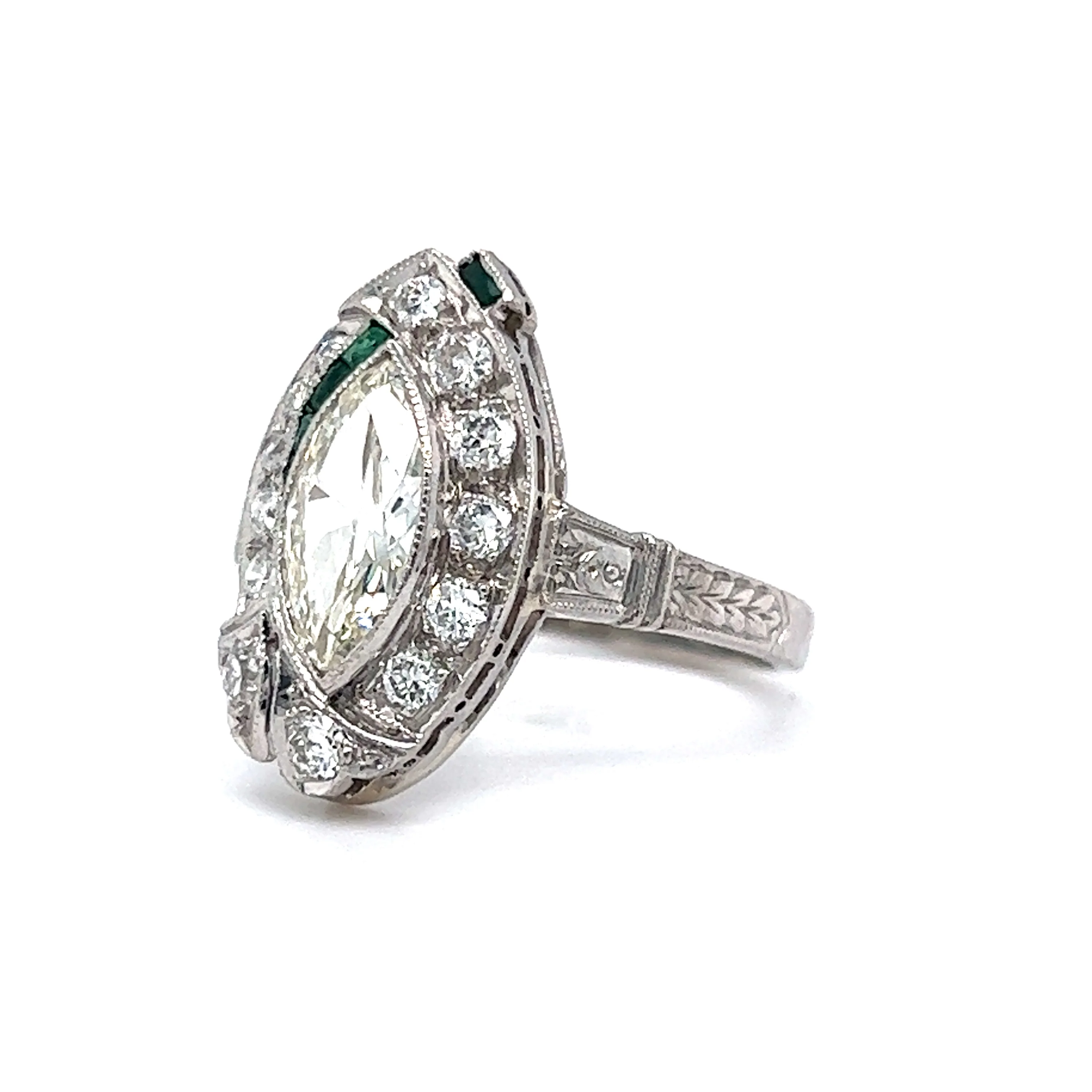 Art Deco Marquise Diamond & Emerald Ring in Platinum - Image 2