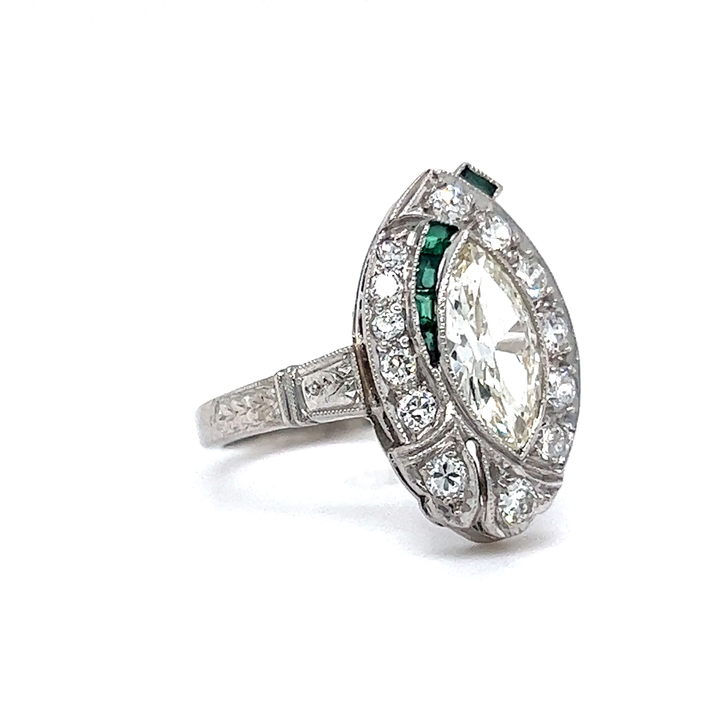 Art Deco Marquise Diamond & Emerald Ring in Platinum - Image 3