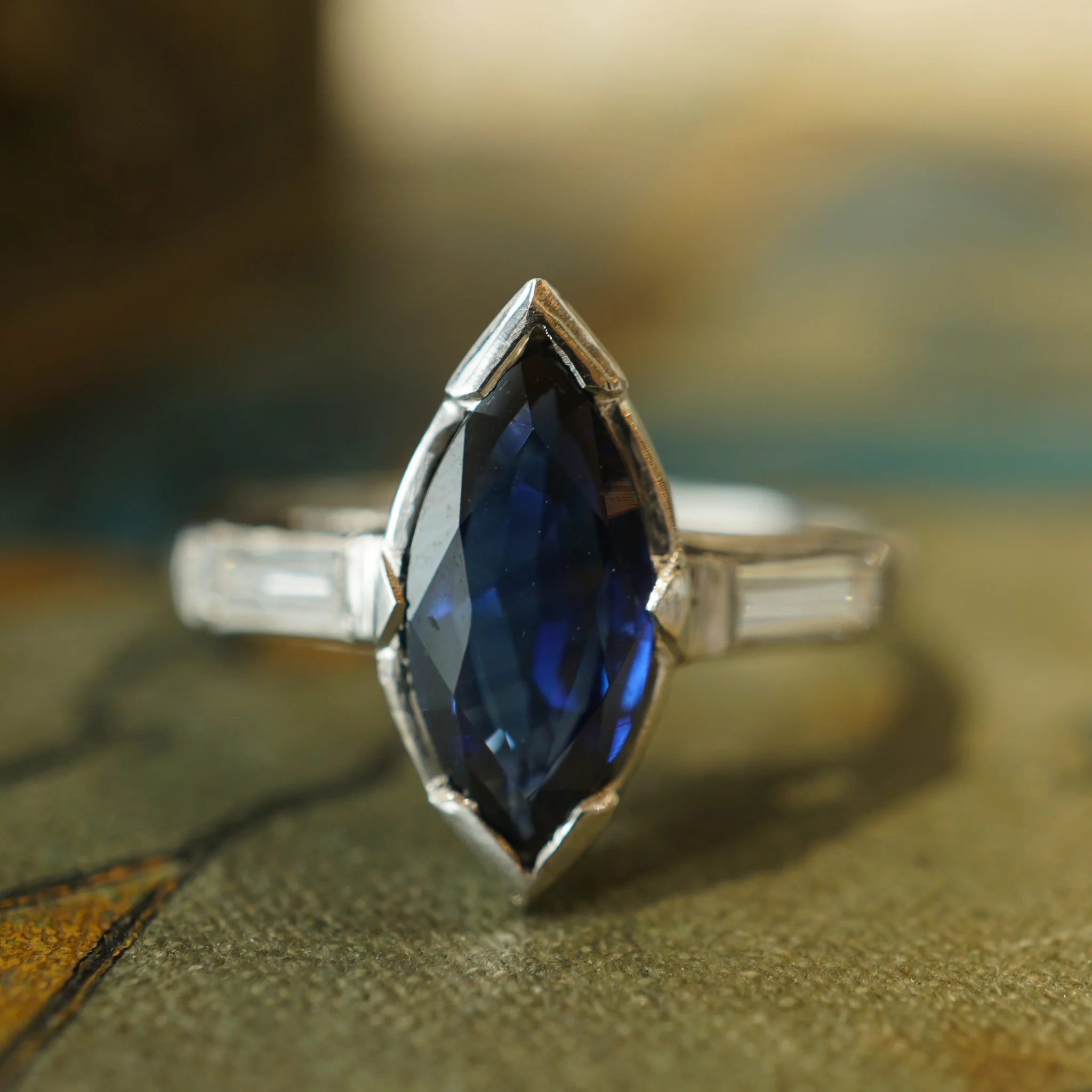 Art Deco Marquise Sapphire Engagement Ring in Platinum - Image 6
