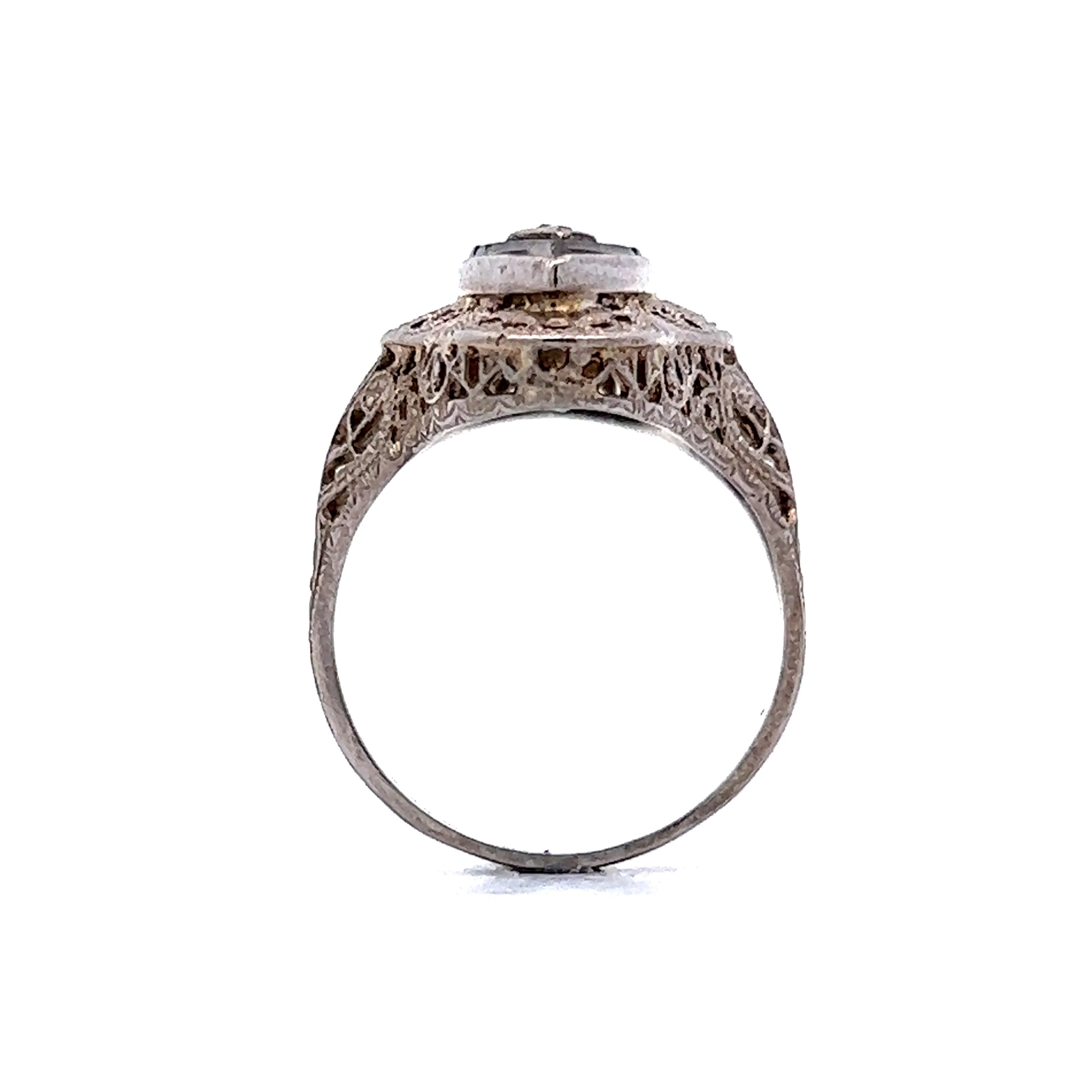 Art Deco Marquise Shaped Onyx and Diamond Ring in 14k White Gold - Image 4