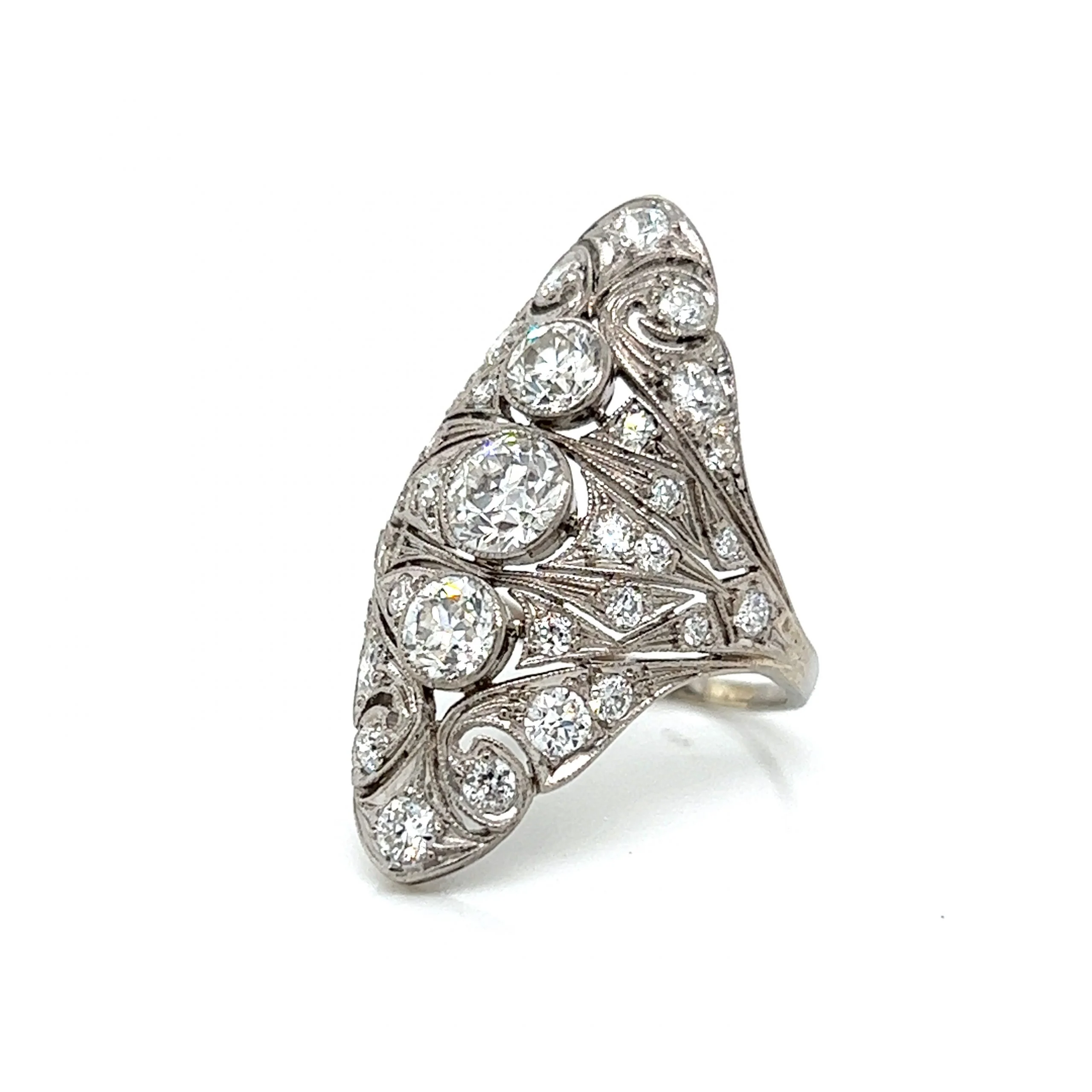 Art Deco Navette Diamond Cocktail Ring in Platinum - Image 2