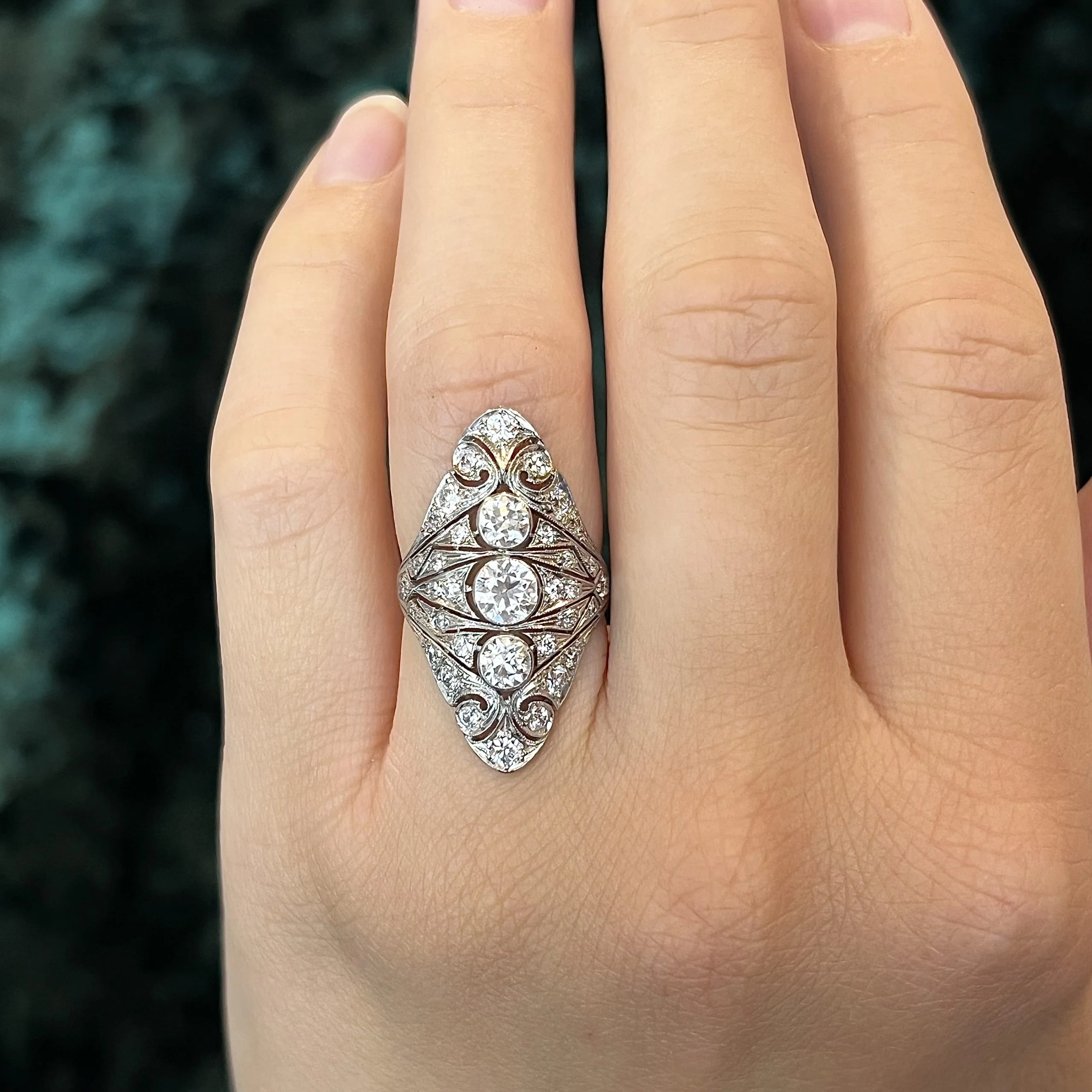 Art Deco Navette Diamond Cocktail Ring in Platinum - Image 6