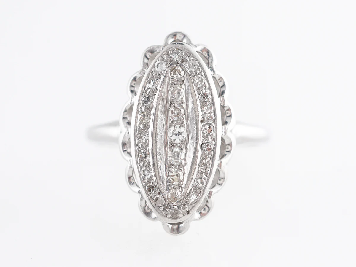 Art Deco Navette Ring w/ Diamonds 14k White Gold