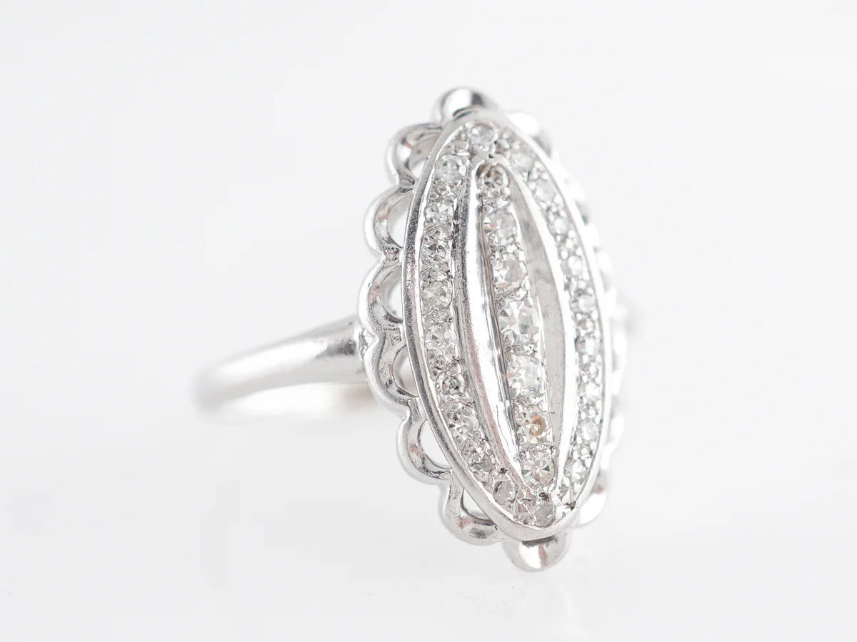 Art Deco Navette Ring w/ Diamonds 14k White Gold - Image 3