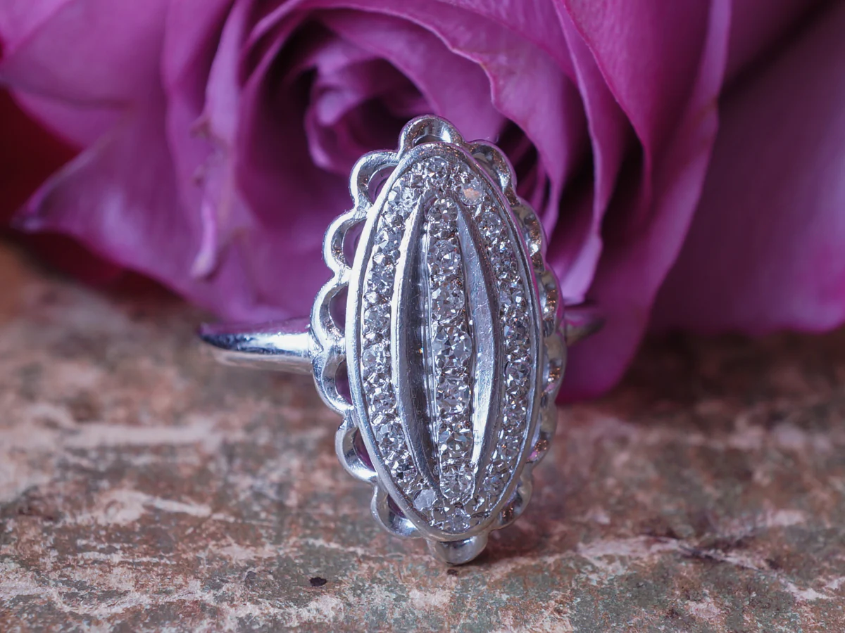 Art Deco Navette Ring w/ Diamonds 14k White Gold - Image 5