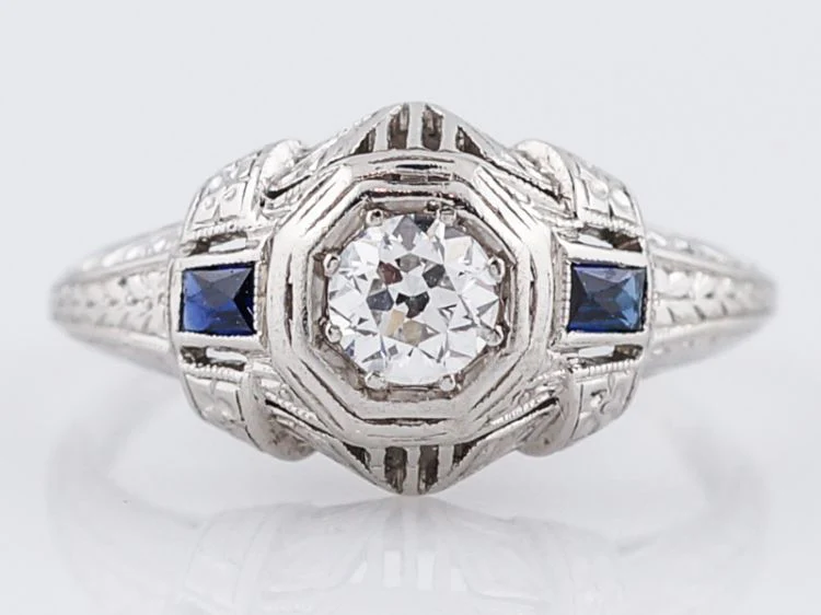Art Deco Old Euro Diamond & Sapphire Engagement Ring