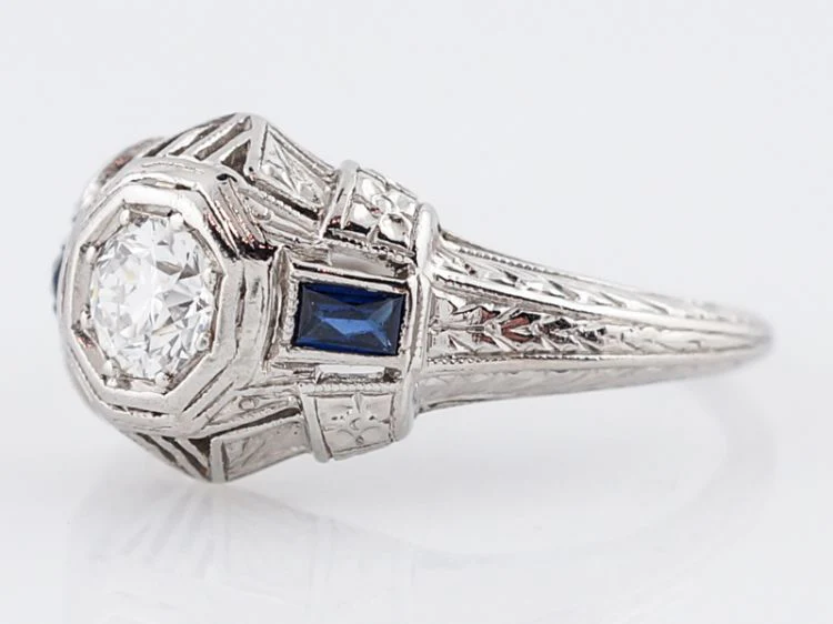 Art Deco Old Euro Diamond & Sapphire Engagement Ring - Image 3