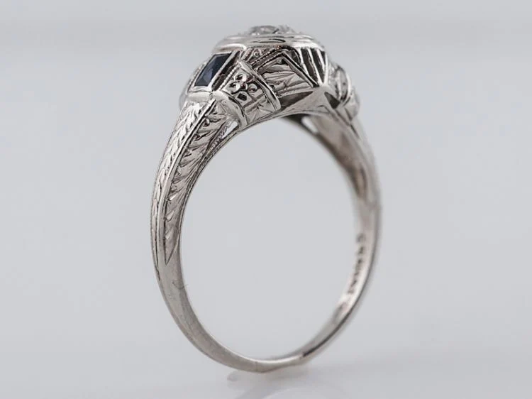 Art Deco Old Euro Diamond & Sapphire Engagement Ring - Image 4