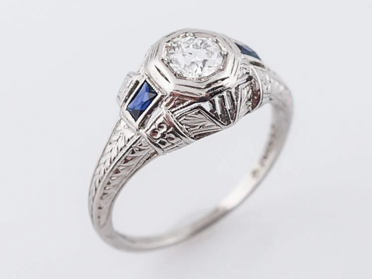 Art Deco Old Euro Diamond & Sapphire Engagement Ring - Image 5