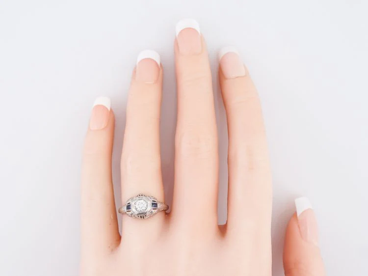 Art Deco Old Euro Diamond & Sapphire Engagement Ring - Image 7