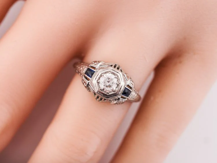 Art Deco Old Euro Diamond & Sapphire Engagement Ring - Image 8