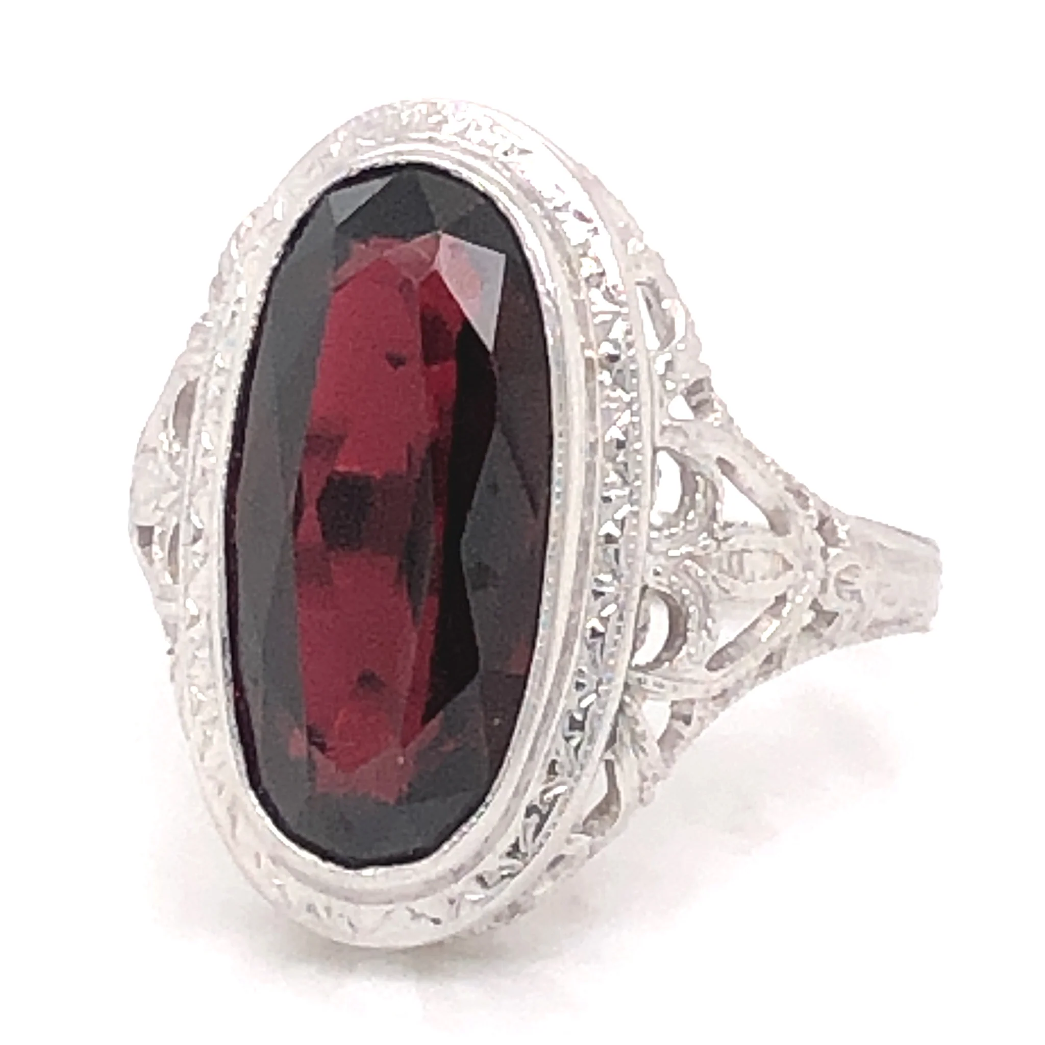 Art Deco Oval Garnet Cocktail Ring in 14k White Gold - Image 2