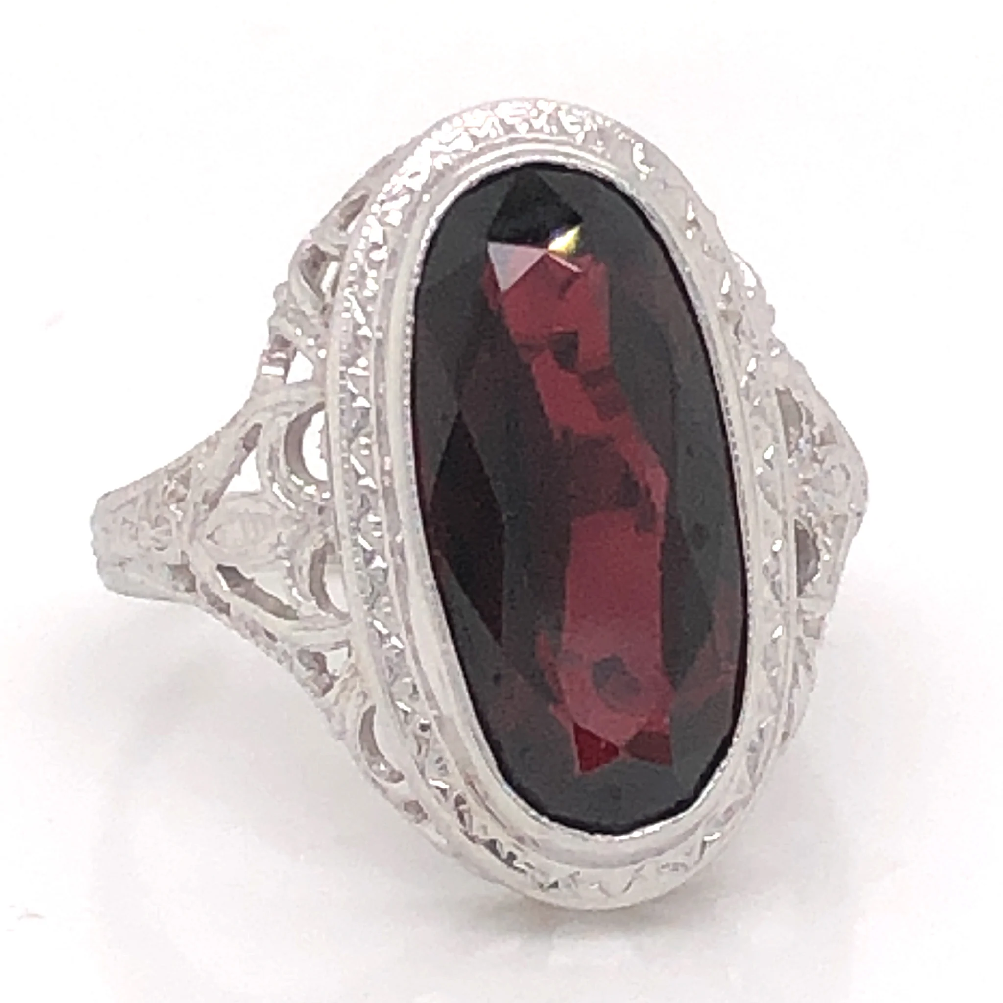 Art Deco Oval Garnet Cocktail Ring in 14k White Gold - Image 3