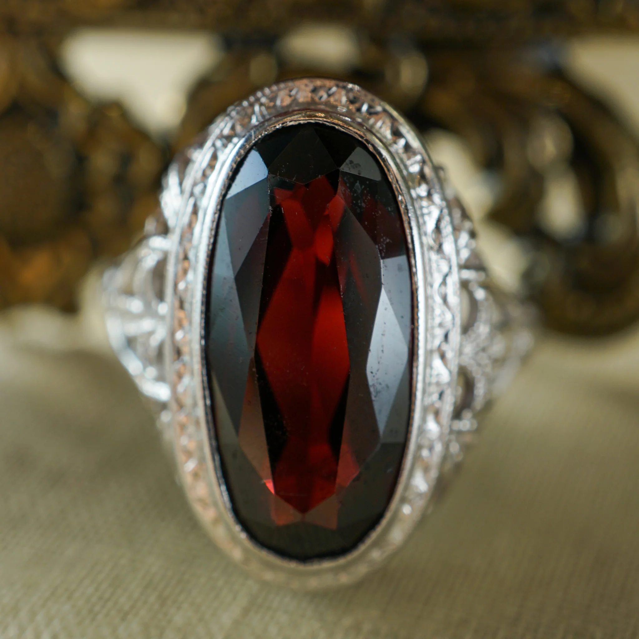 Art Deco Oval Garnet Cocktail Ring in 14k White Gold - Image 6