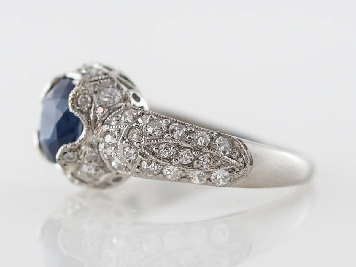 Art Deco Oval Sapphire Engagement Ring in Platinum - Image 2
