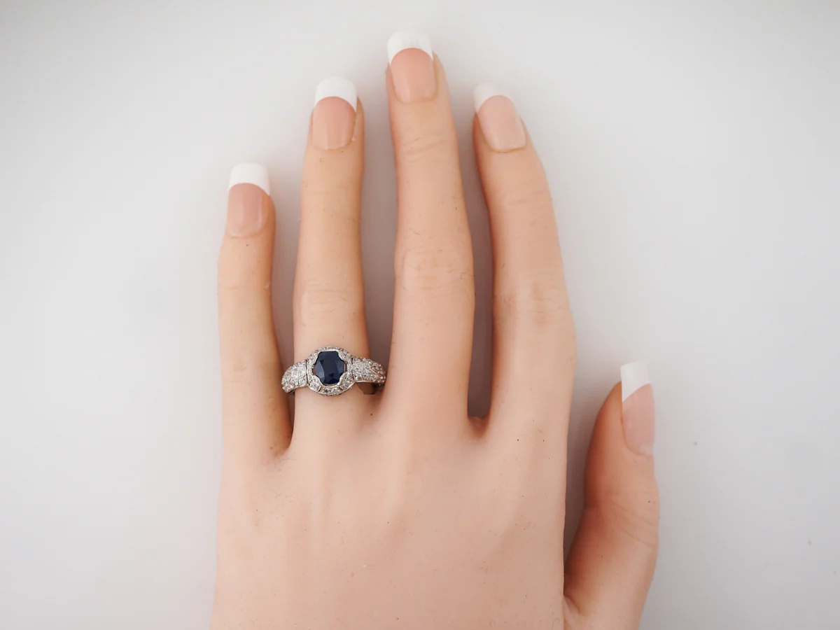 Art Deco Oval Sapphire Engagement Ring in Platinum - Image 6