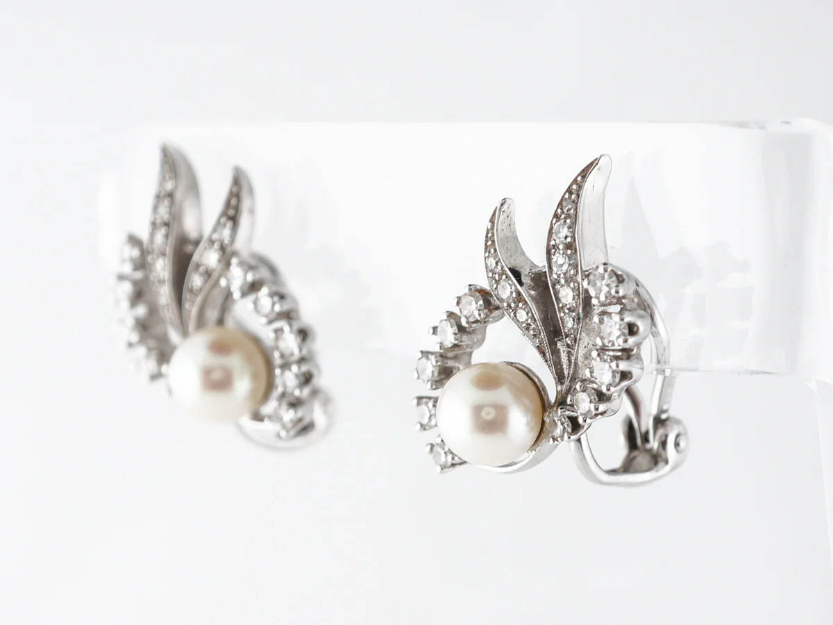 Art Deco Pearl Earrings w/ Diamonds in 14k White Gold - Image 2
