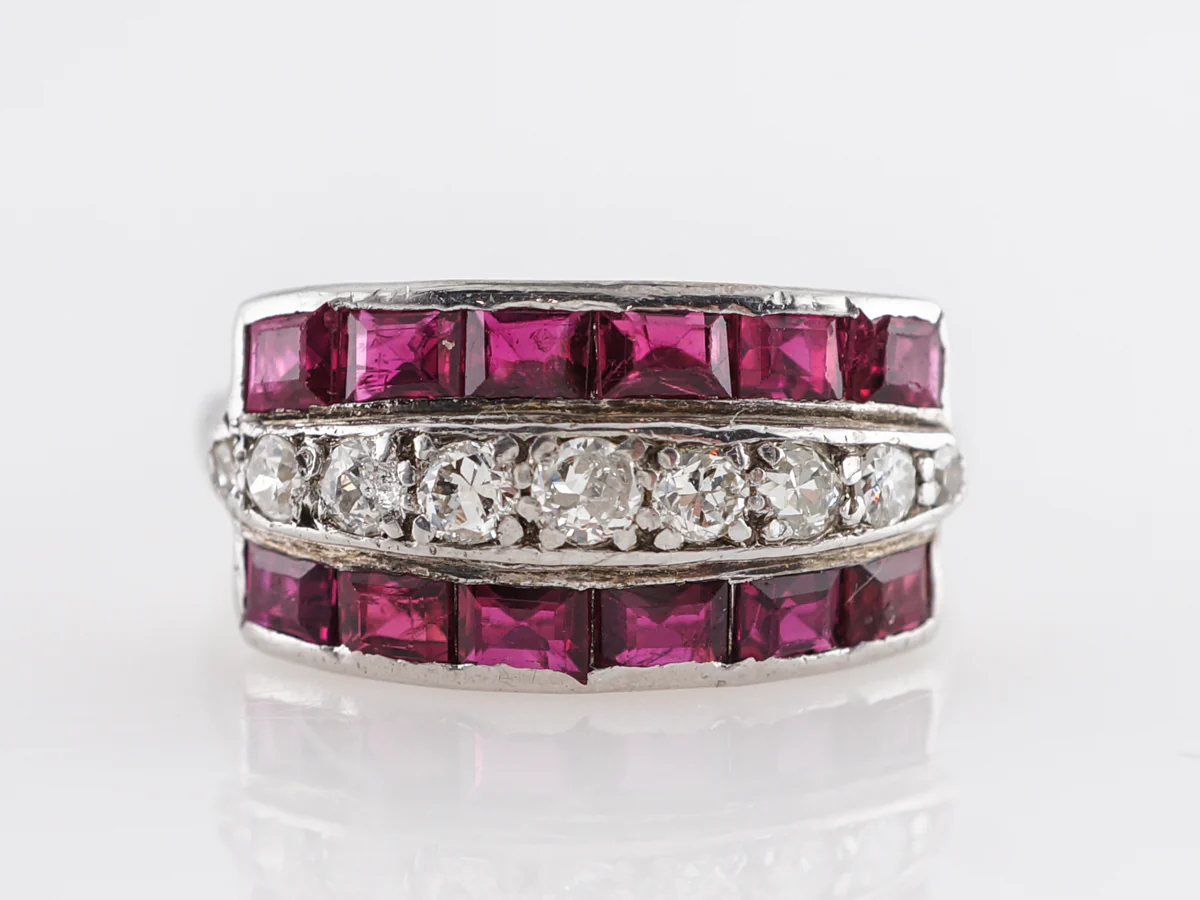 Art Deco Ruby and Diamond Cocktail Ring in 14k White Gold