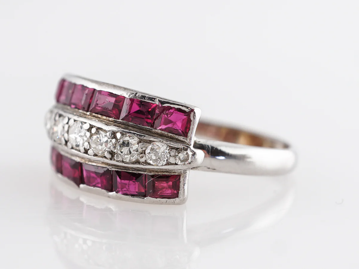 Art Deco Ruby and Diamond Cocktail Ring in 14k White Gold - Image 2