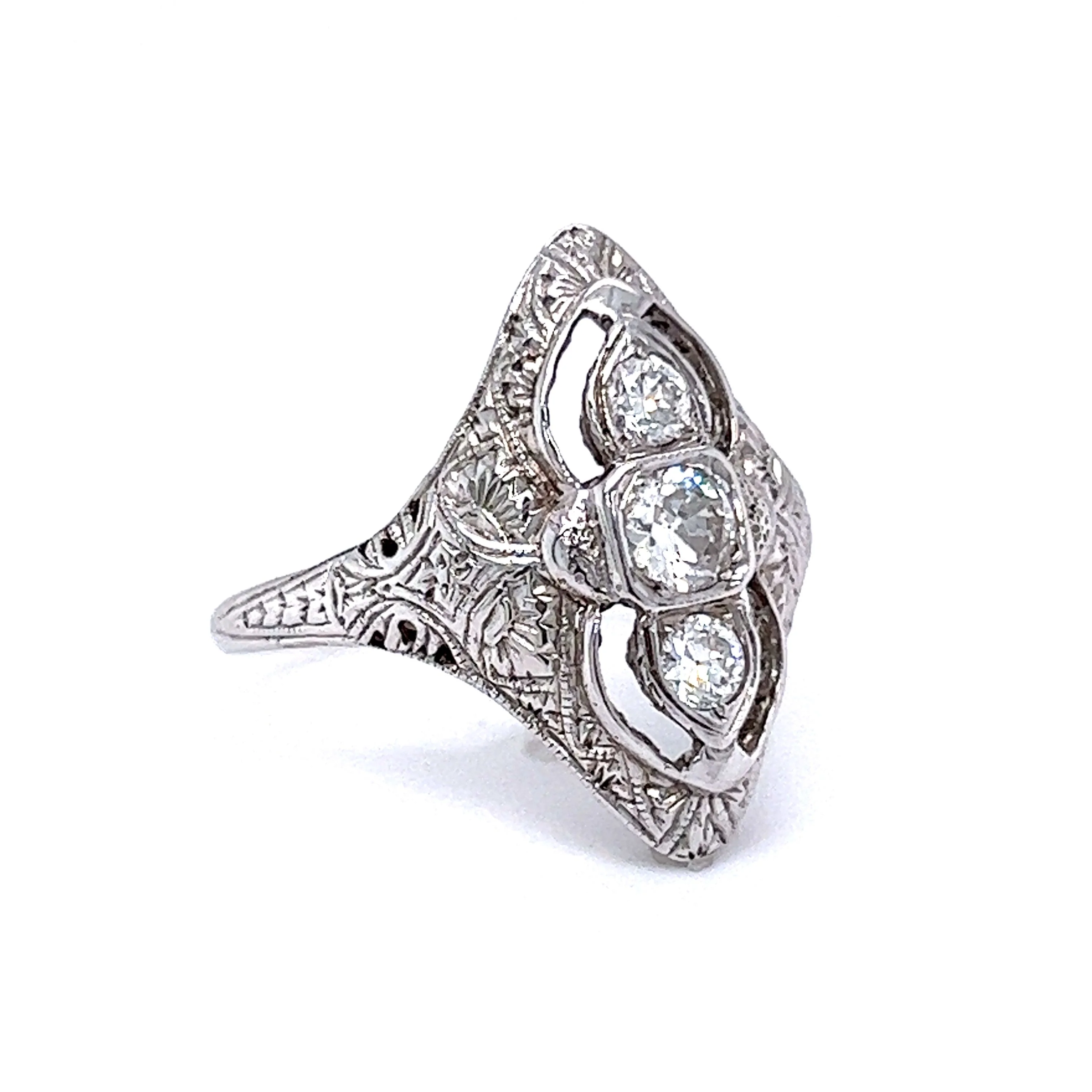 Art Deco Three Stone Diamond Ring in 18k White Gold - Image 3