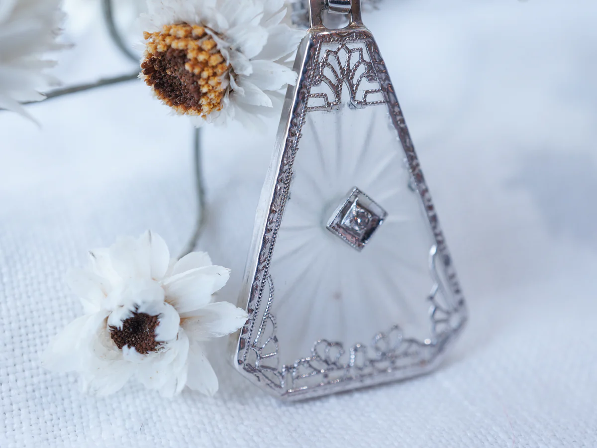 Art Deco Triangular Camphor Glass Filigree Necklace - Image 4