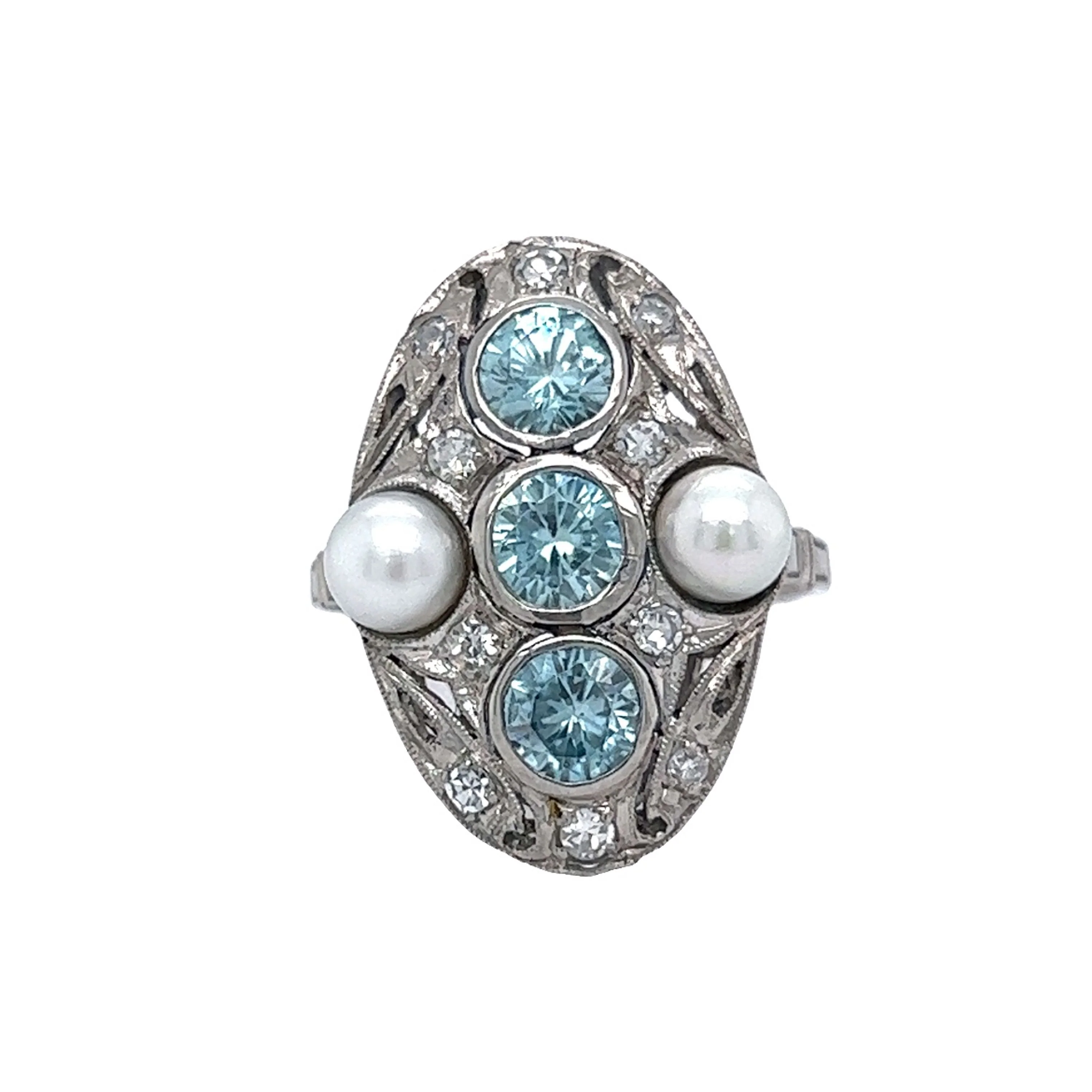 Art Deco Zircon Ring w/ Diamonds & Pearls in Platinum