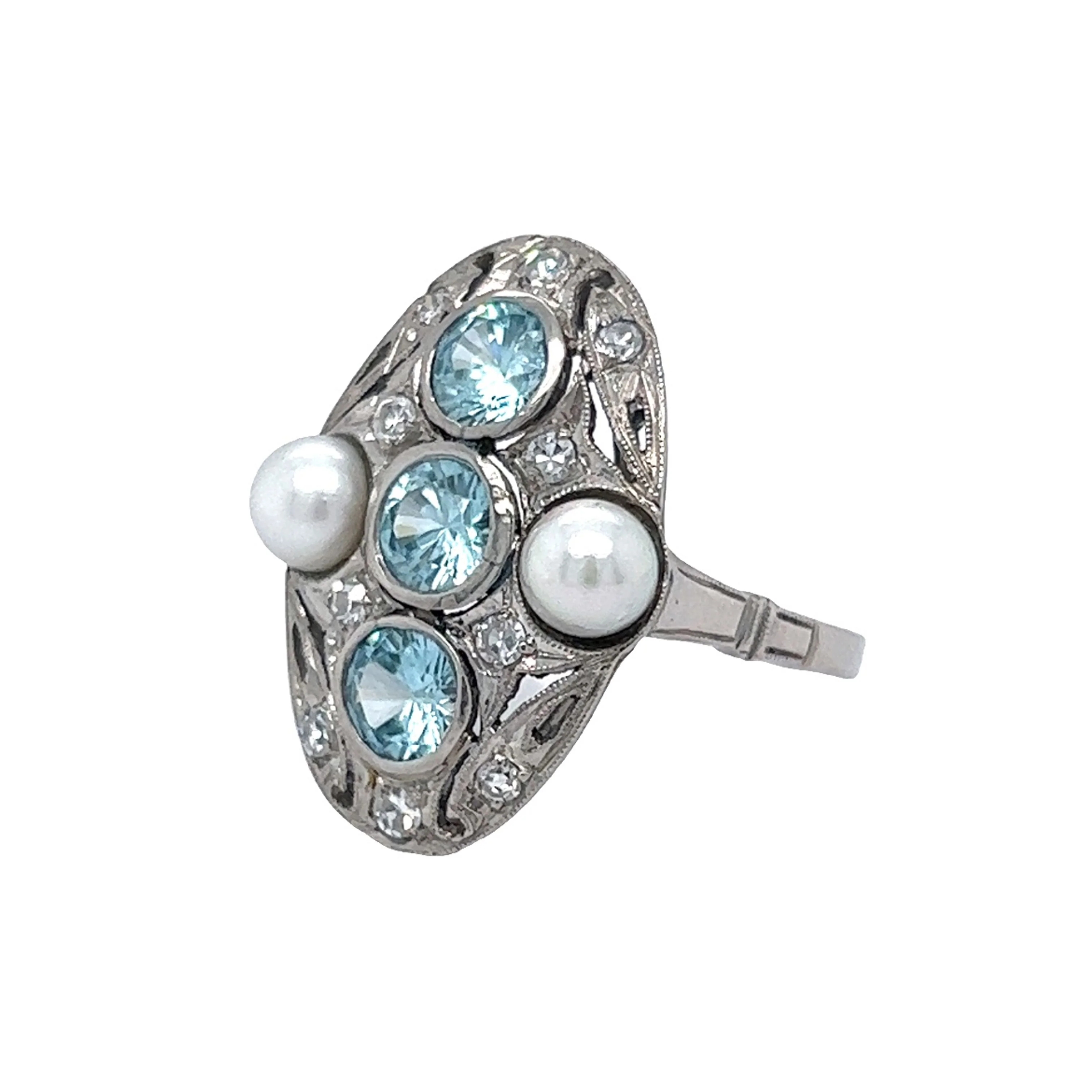 Art Deco Zircon Ring w/ Diamonds & Pearls in Platinum - Image 2
