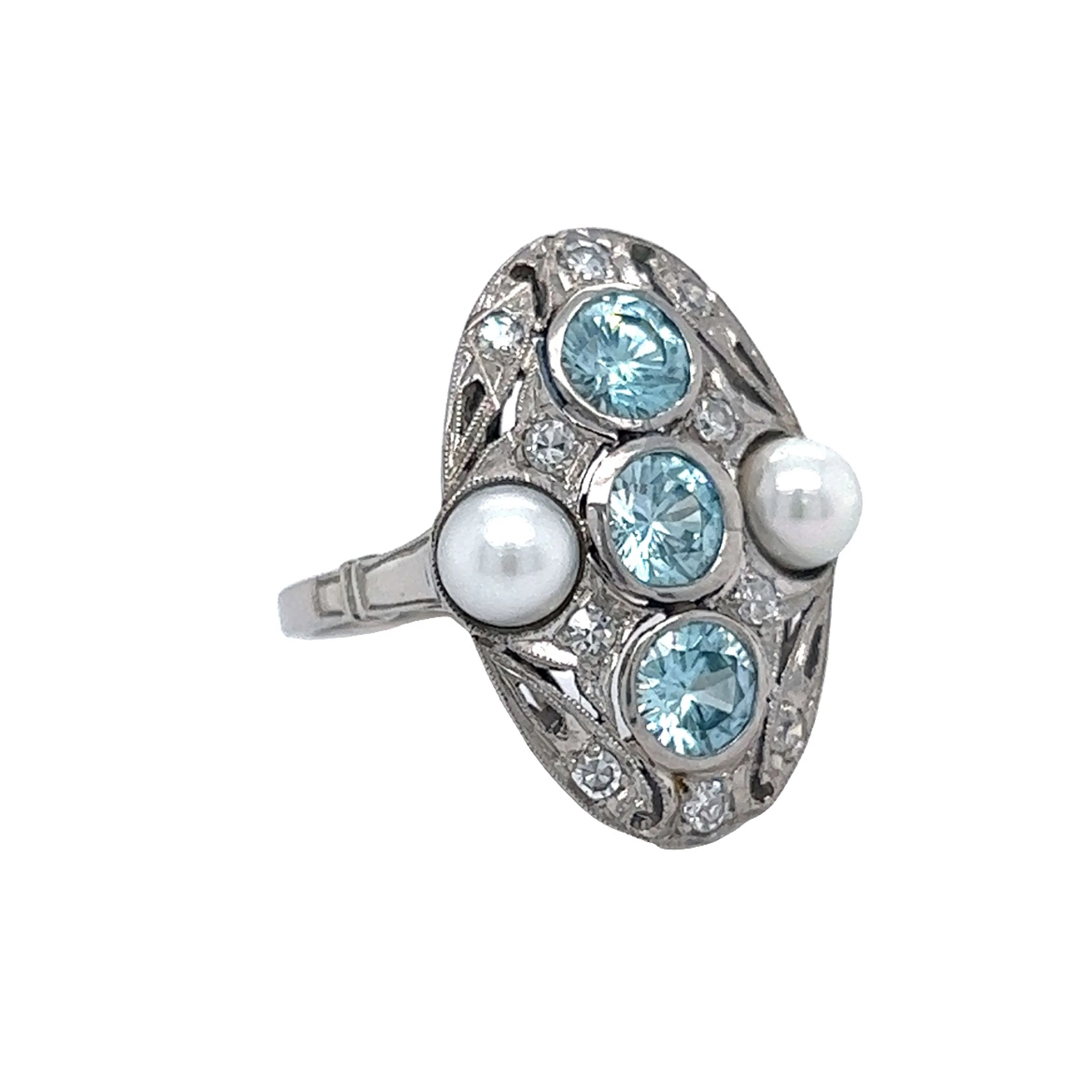 Art Deco Zircon Ring w/ Diamonds & Pearls in Platinum - Image 3