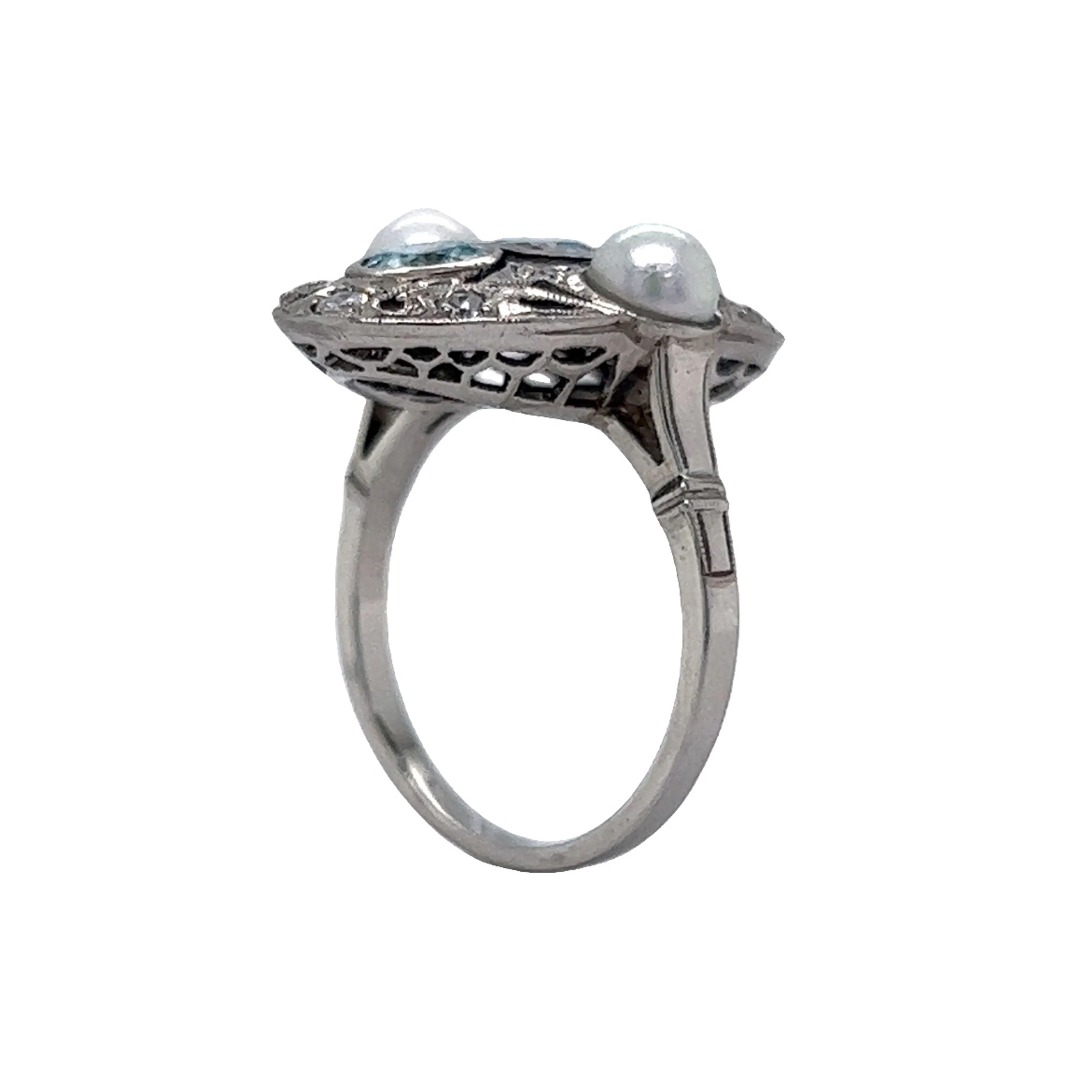 Art Deco Zircon Ring w/ Diamonds & Pearls in Platinum - Image 5