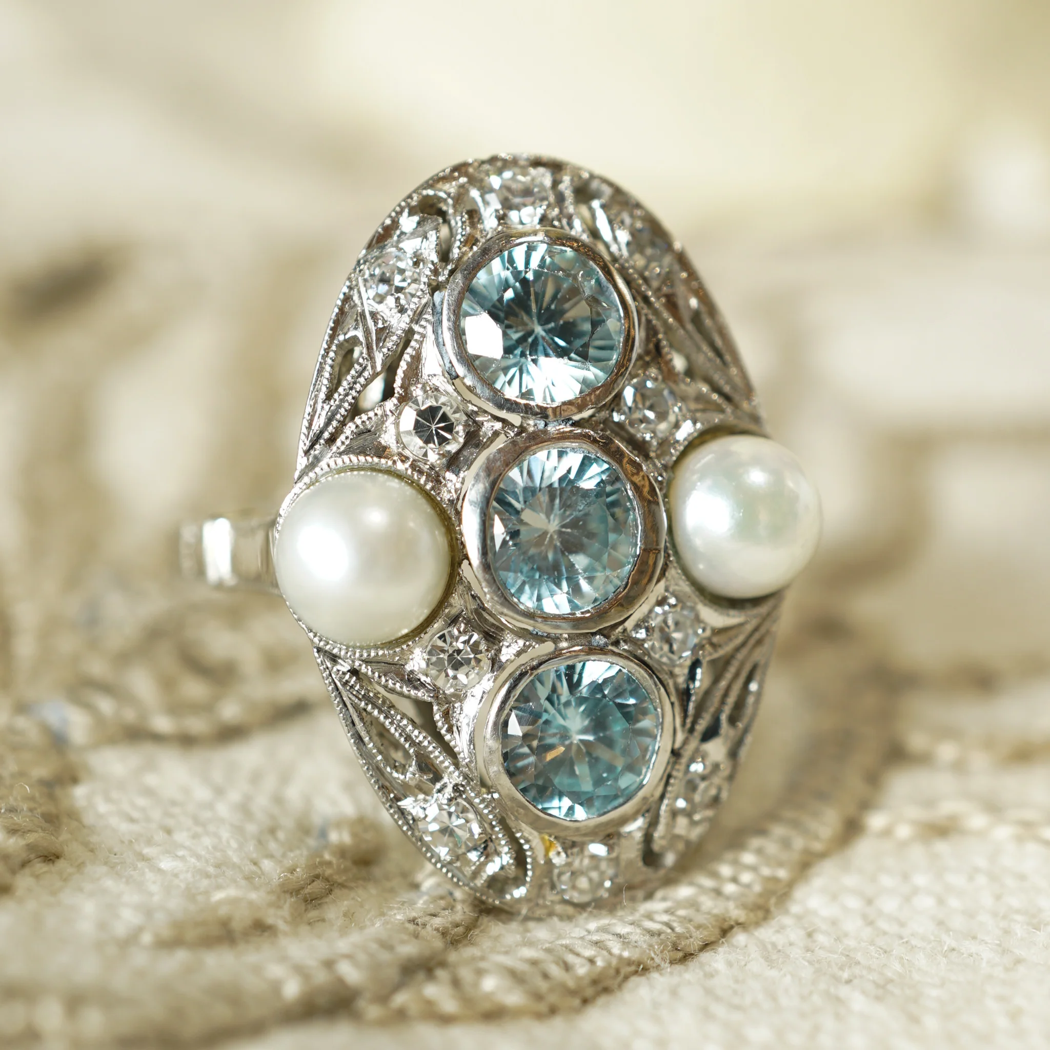 Art Deco Zircon Ring w/ Diamonds & Pearls in Platinum - Image 6