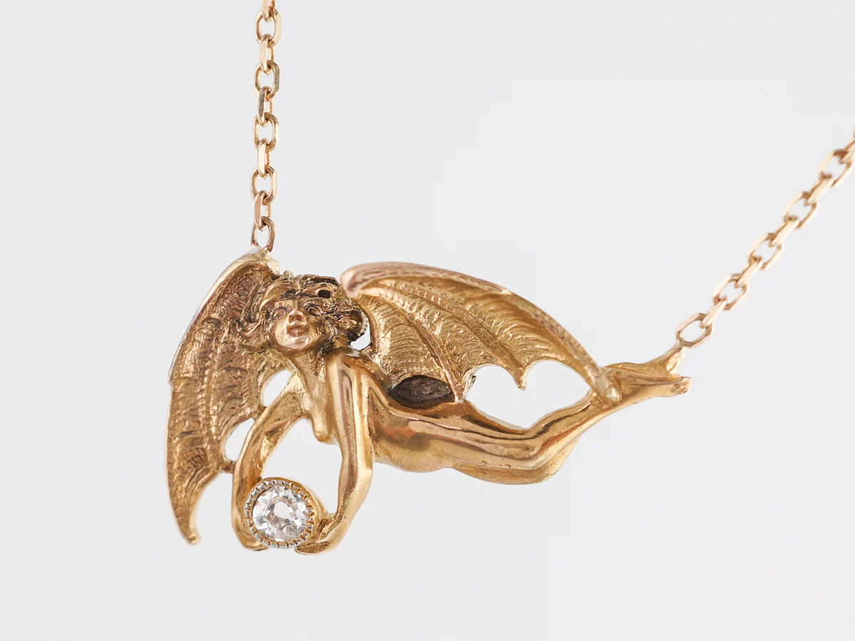 Art Nouveau Bat Pendant w/ Old Mine Cut Diamond in 14k - Image 2