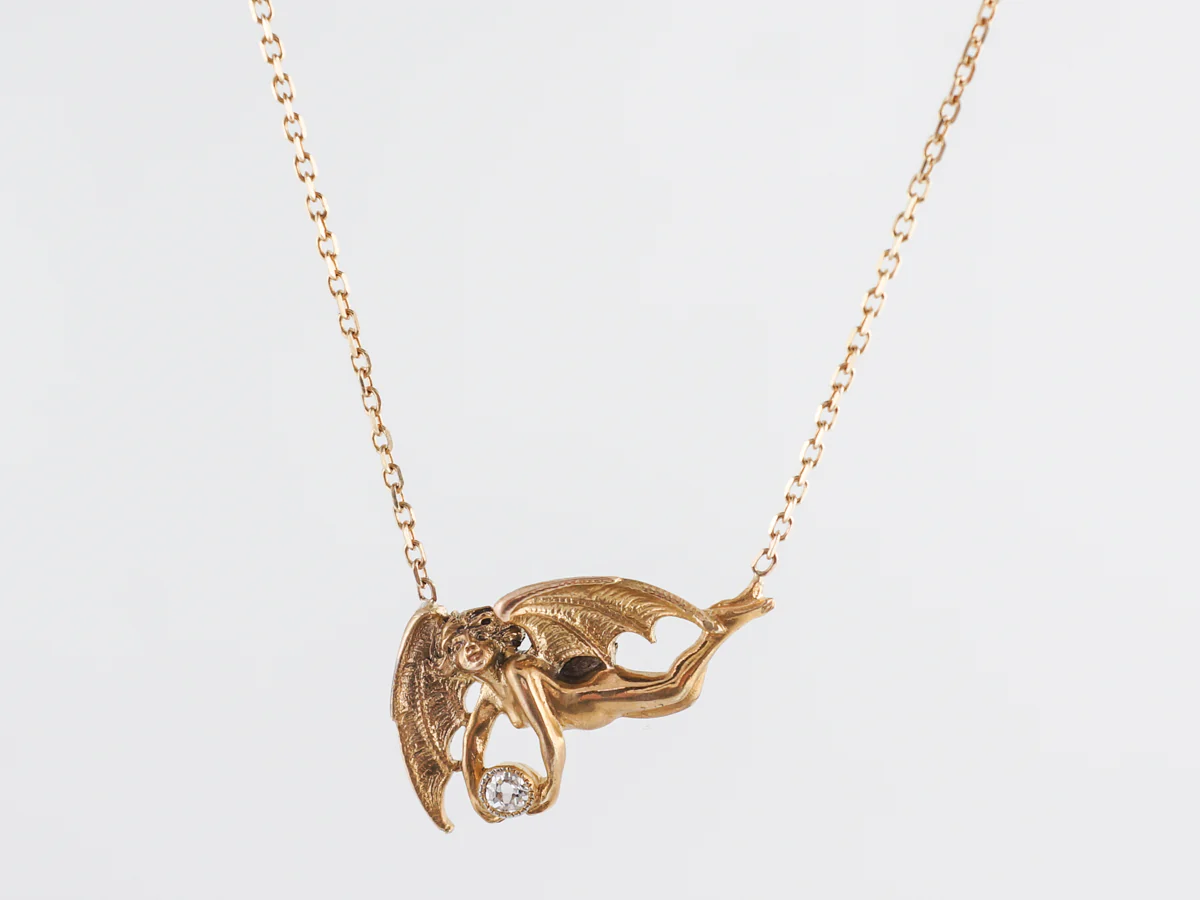 Art Nouveau Bat Pendant w/ Old Mine Cut Diamond in 14k - Image 3