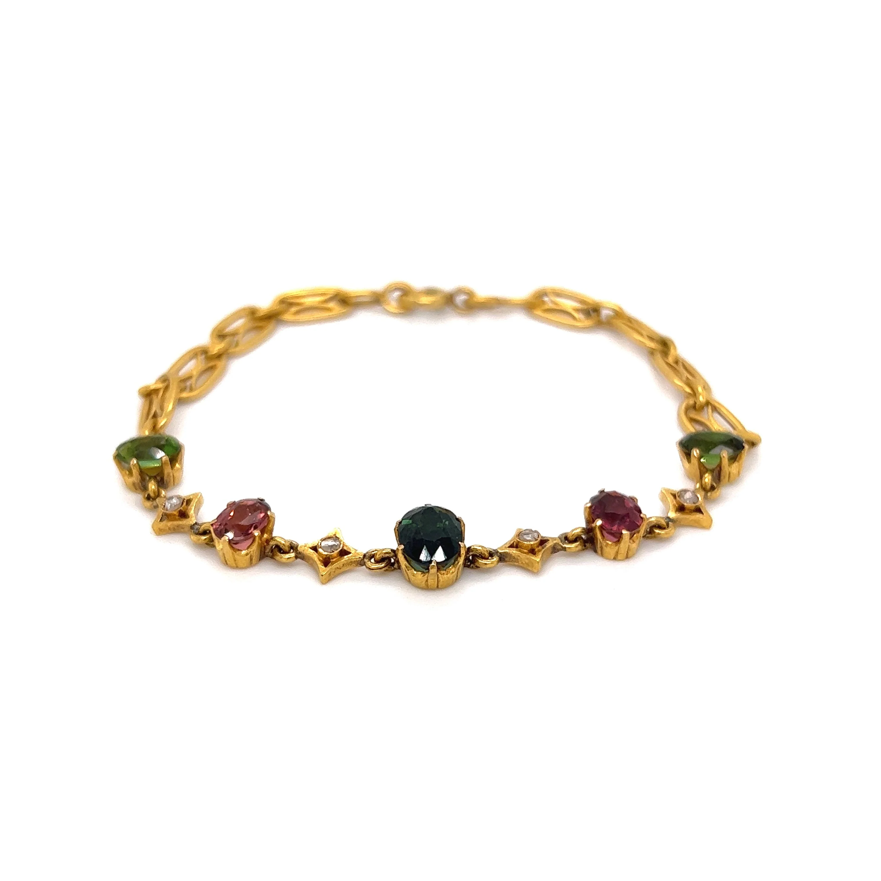 Art Nouveau Tourmaline & Diamond Bracelet in 18k Yellow Gold