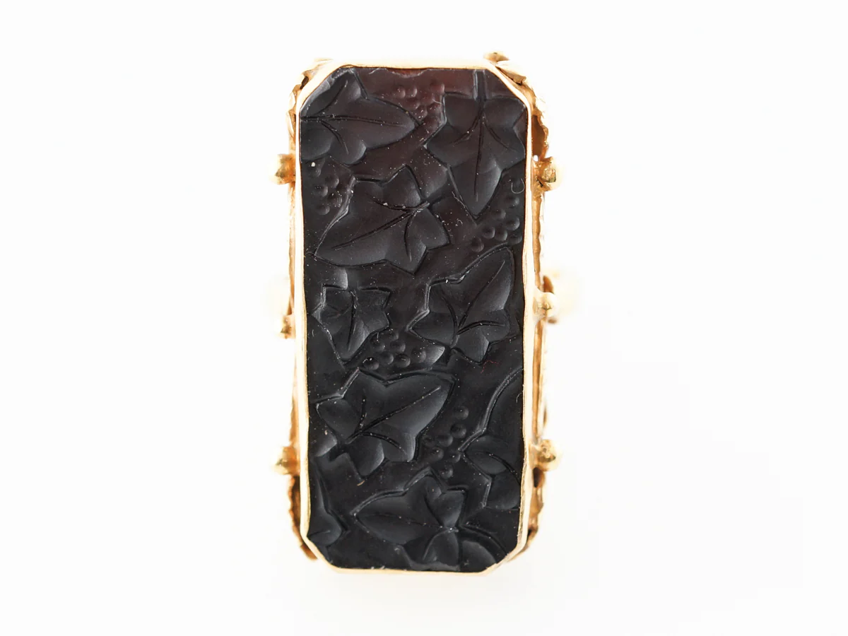 Arts & Crafts Carved Jet Ring 14k Yellow Gold