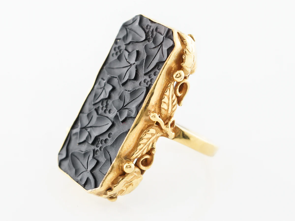 Arts & Crafts Carved Jet Ring 14k Yellow Gold - Image 2